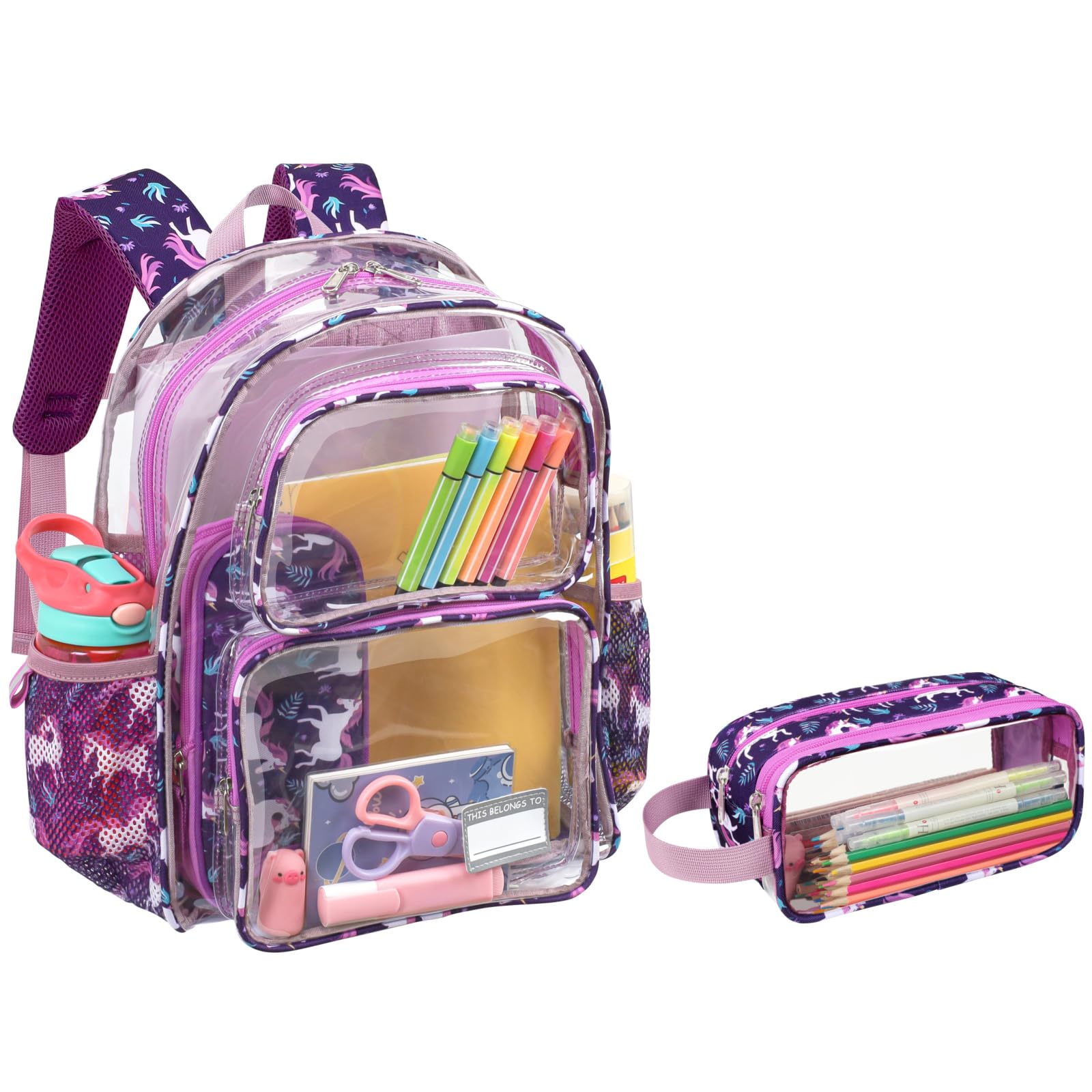 Bagseri 2 Piece Clear Backpack Set for Girls 15 Inch Transparent Bookbag with Matching Clear Pencil Case School