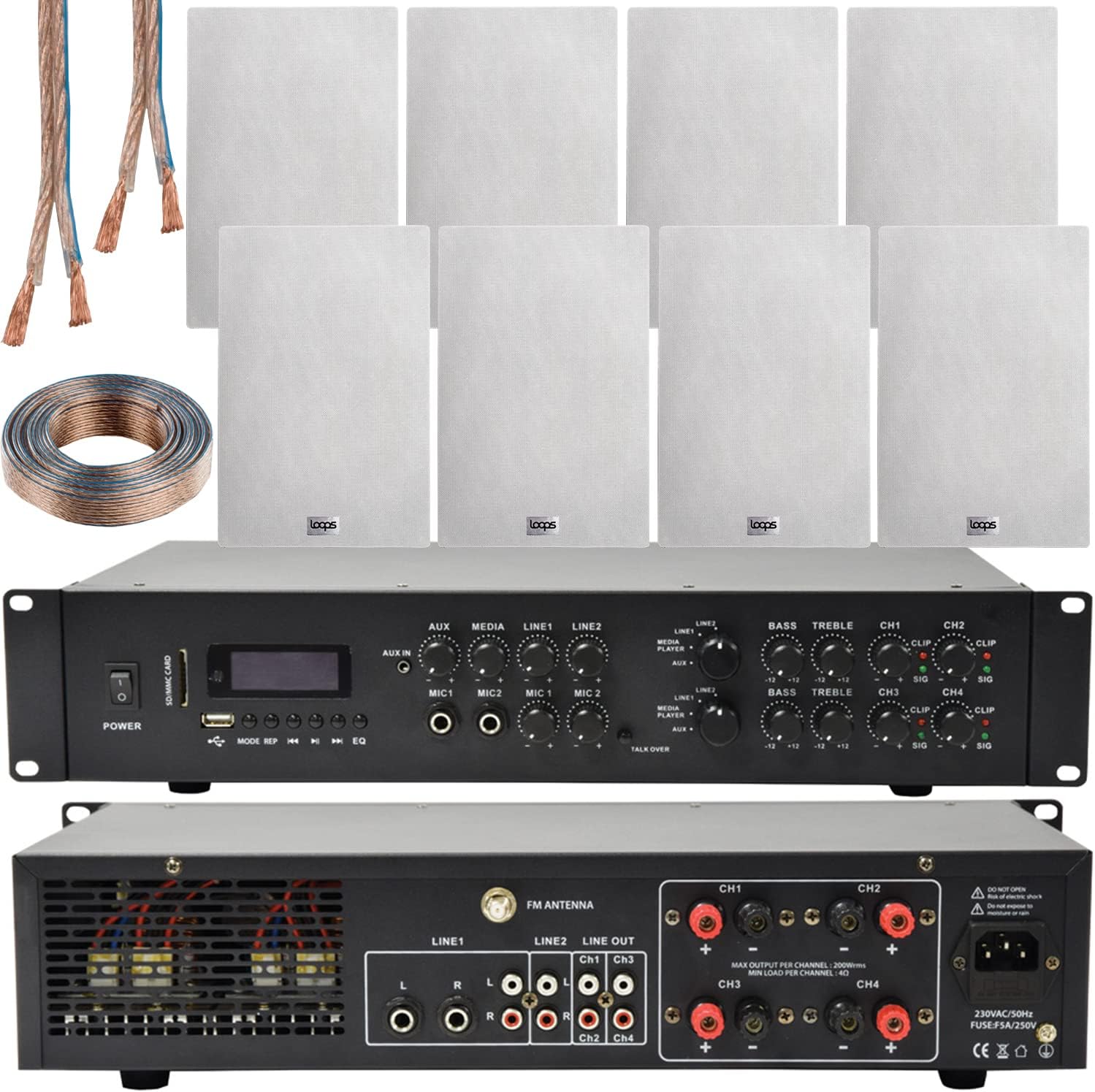 1100W Multi Zone Bluetooth Sound System & 8x 140W Ultra Slim In Wall Speakers | 4 Zone Multi Channel Matrix Amplifier Kit | Powerful Loud Amp Wireless Music Streaming | Bar Restaurant Home Audio