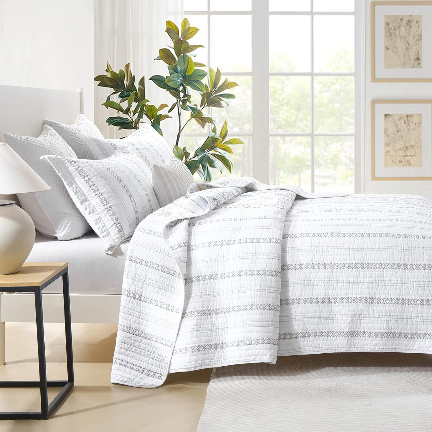 Y-PLWOMEN Geometric Quilt King Size - 100% Cotton Quilt, Striped King Quilt Sets, Lightweight Bohemian King Size Bedspreads for All Season, 3 Piece - Image 3