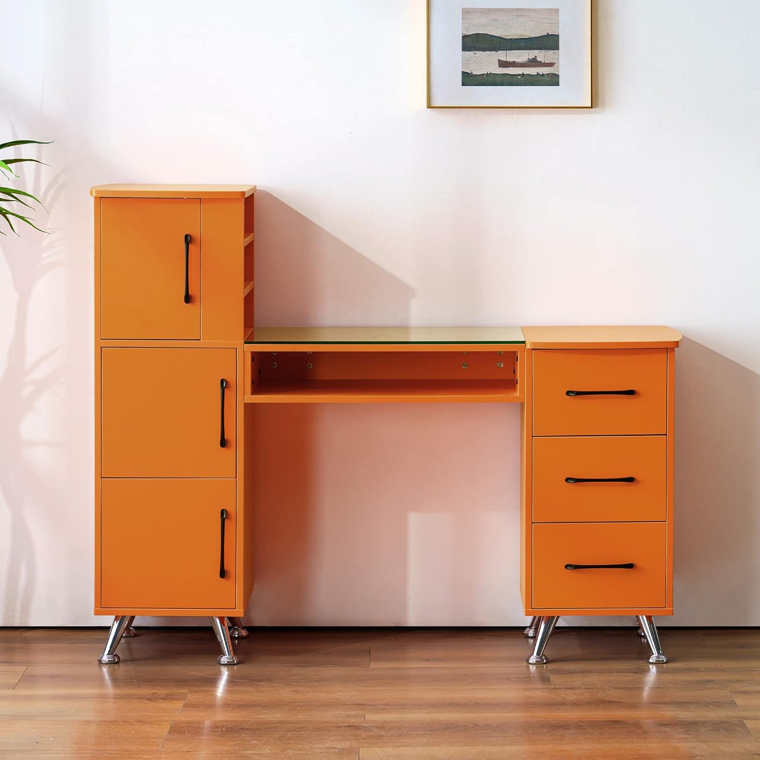 BarberPub Manicure Table, Nail Makeup Desk with Drawers, Storage Beauty Salon Workstation 2611 (Orange)