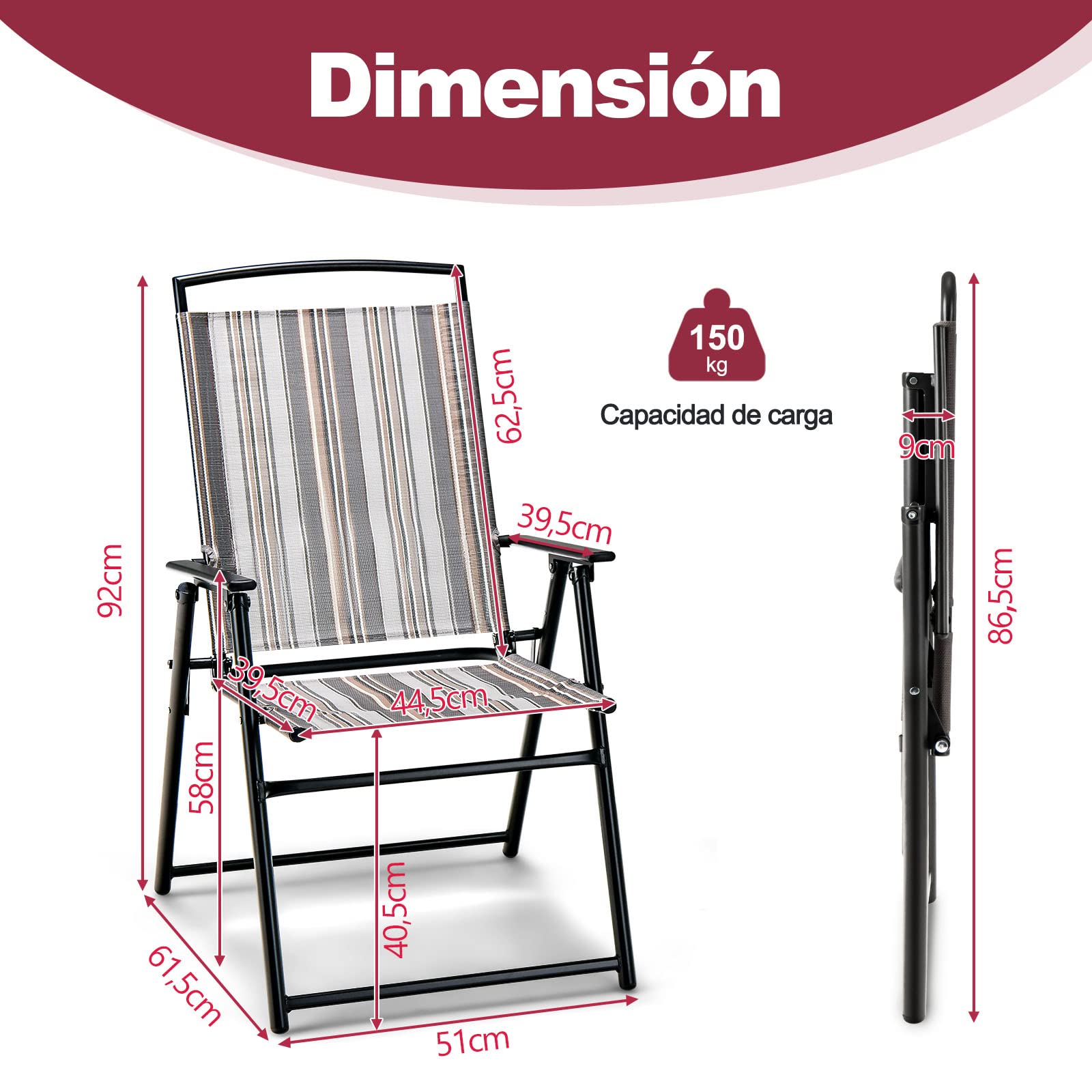 COSTWAY Juego de 2 Sillas de Jardín Plegables, 2 Sillas Terraza Exterior Tejido Transpirable, Respaldos y Reposabrazos, 51 x 61,5 x 92 cm, Sillas de Comedor de Jardín para Exterior