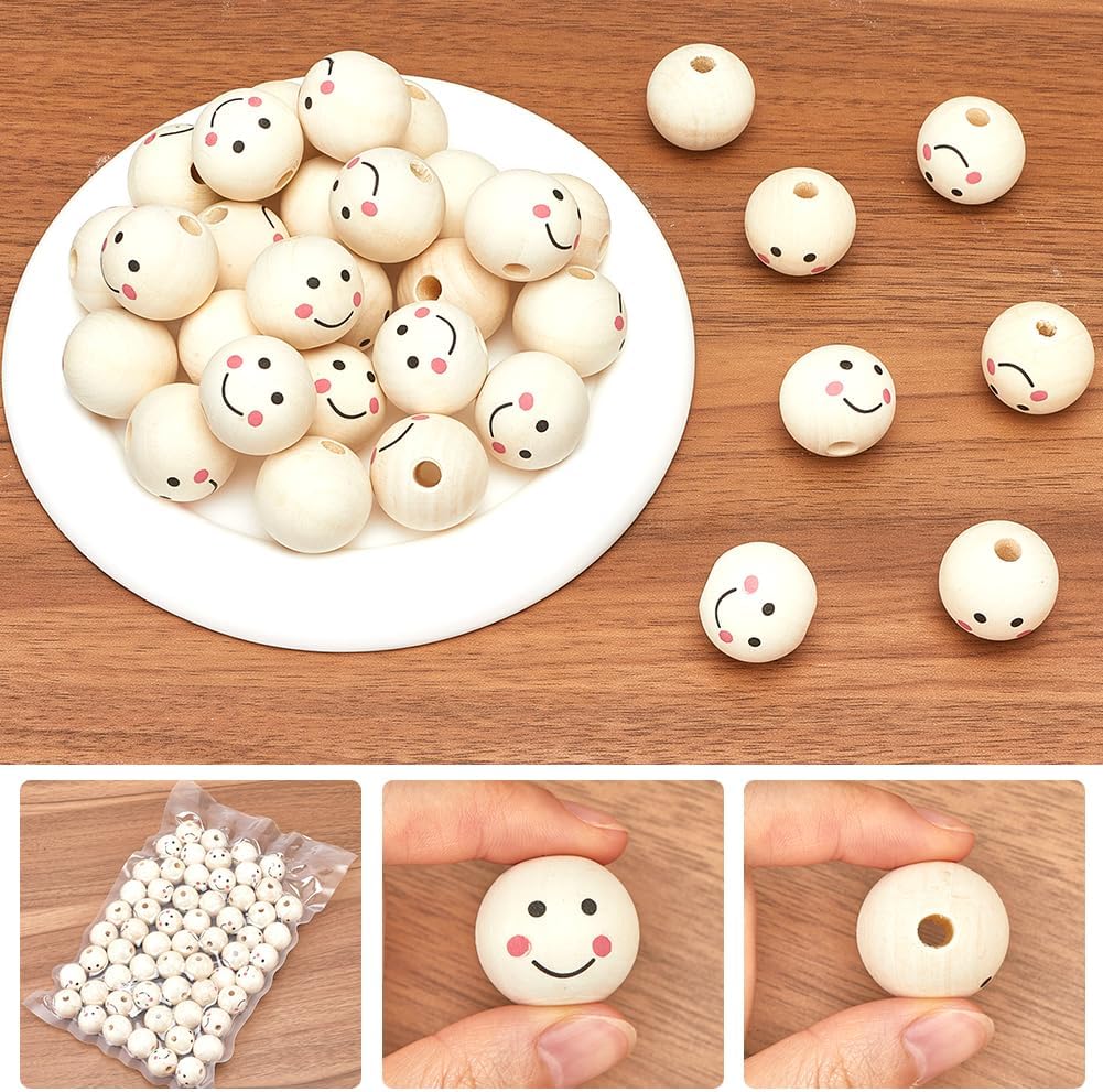GORGECRAFT 60Pcs Smile Face Wooden Beads 1"/25mm Large Natural Wood Round Ball Spacer Bead Smiling Face Printed Doll Head Loose Beads with Hole for Christmas Tree Garland Farmhouse DIY Craft Jewelry