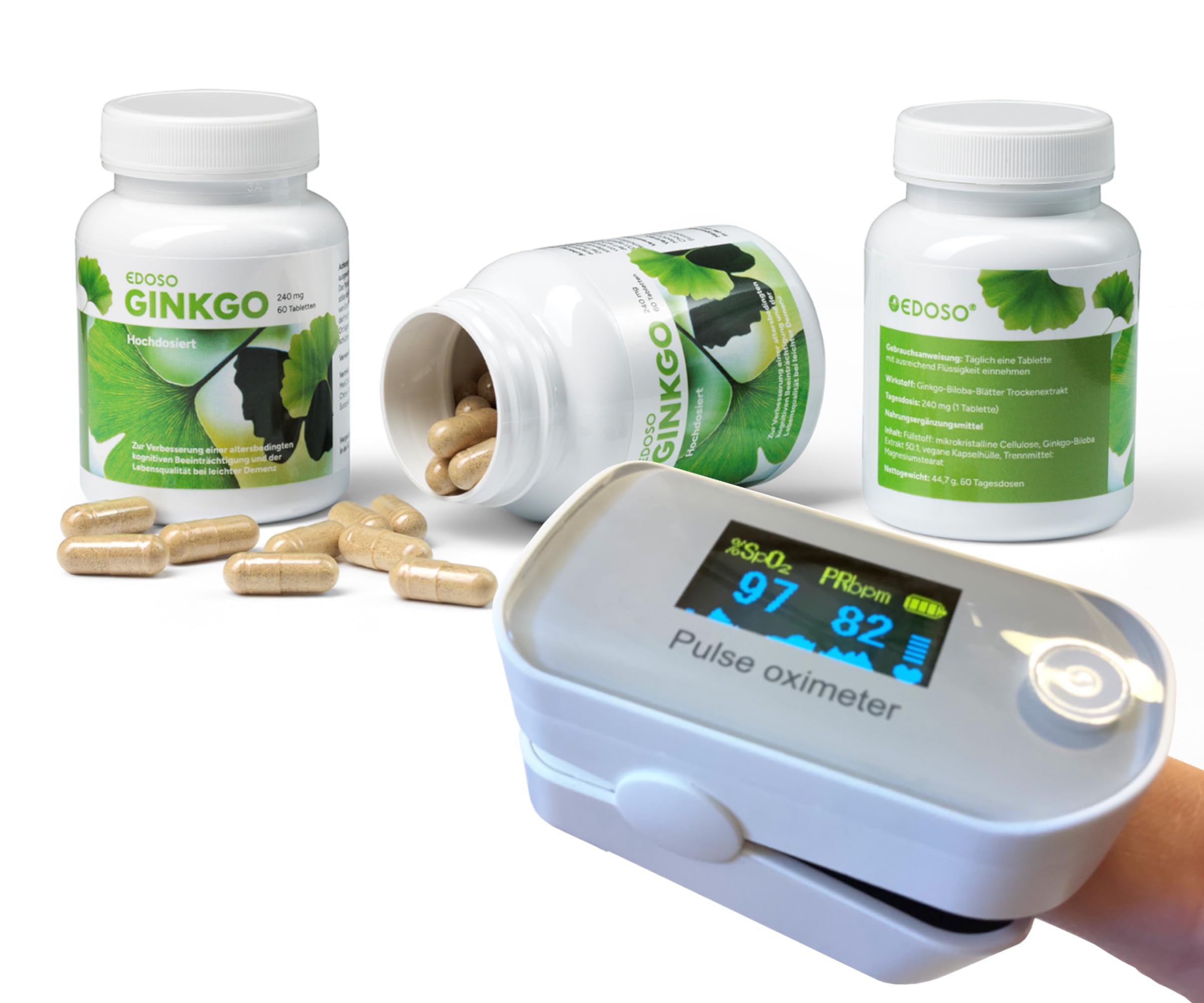 Ginkgo Biloba 240 mg 60 Tabletten hochdosiert mit Pulsoximeter mit Benachrichtigungen | Bei leichter Demenz oder kognitiven Beeinträchtigungen