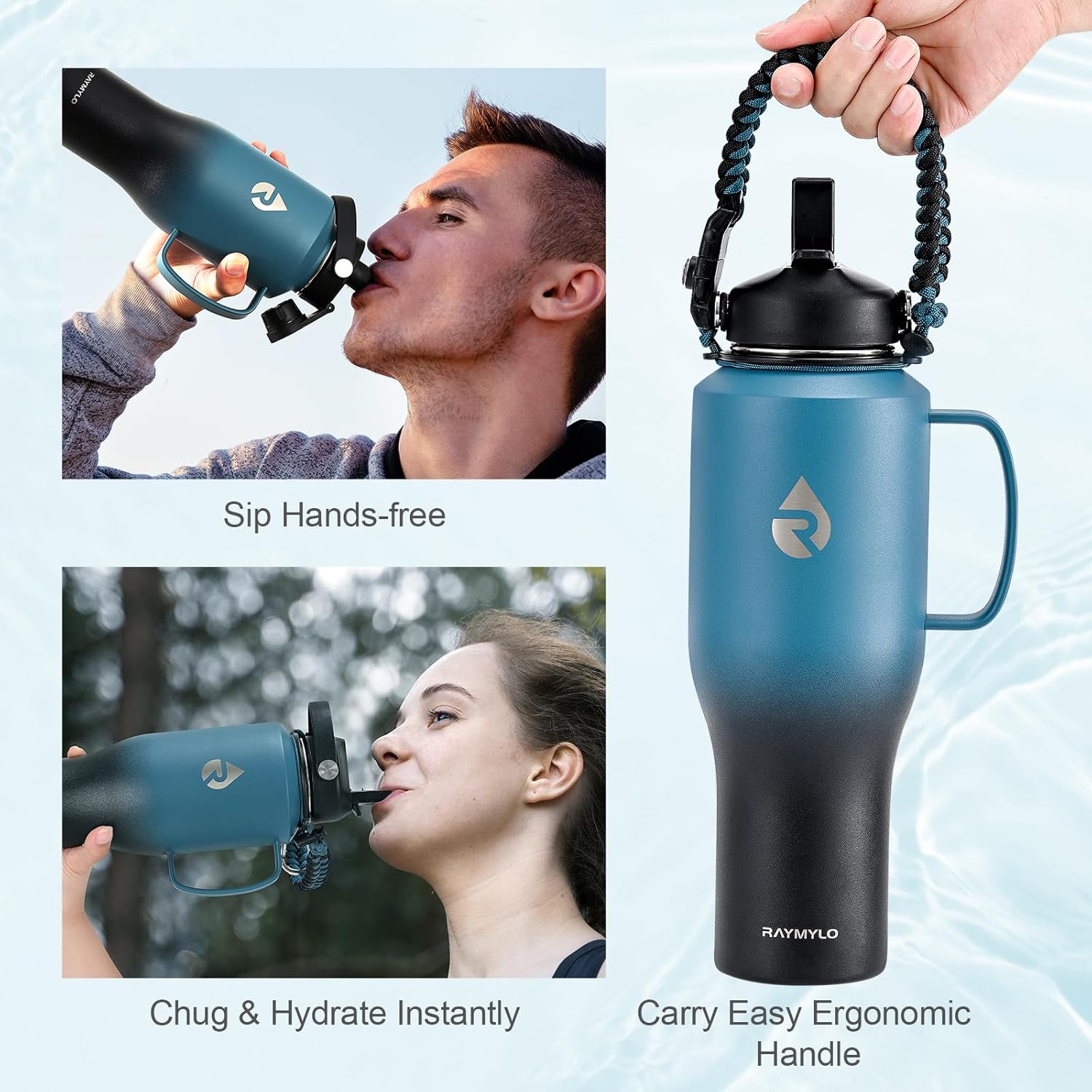 Insulated Water Bottle 40oz (Cold for 48 Hrs), Stainless Steel Water Bottle with Handle & Straw Lid & Paracord Handle, Triple Wall Vacuum Leakproof Travel Flask, Fit in Any Car Cup Holder - Image 3