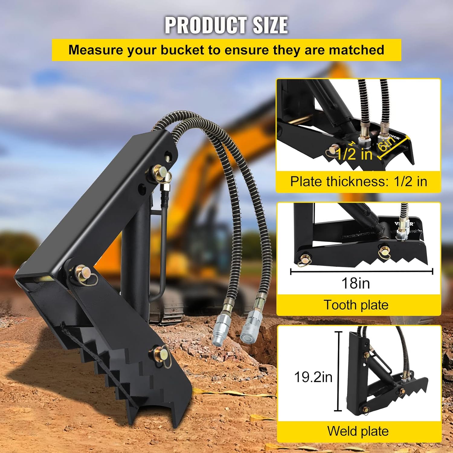 Vevor 18" Hydraulic Backhoe Thumb, 1/2" Thickness Heavy Duty Excavator Thumb, Black Steel Weld On Thumb Attachments with Hydraulic Cylinder, Mechanical Hydraulic Thumb for Backhoe/Excavator