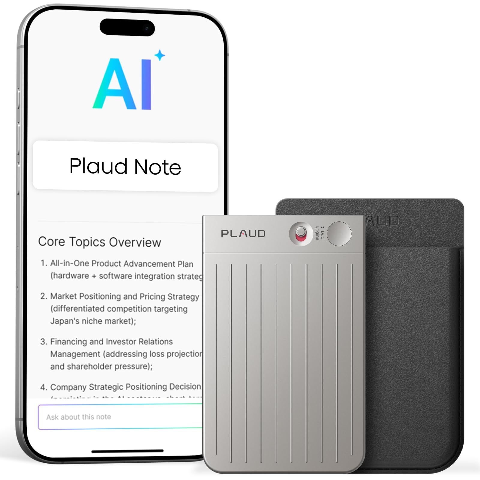 Plaud Note AI Voice Recorder Device/Dictaphone w/Case App Control AI Transcribe & Summarize Support 112 Languages 64GB Digital Audio Recorder for Lectures Meetings Calls