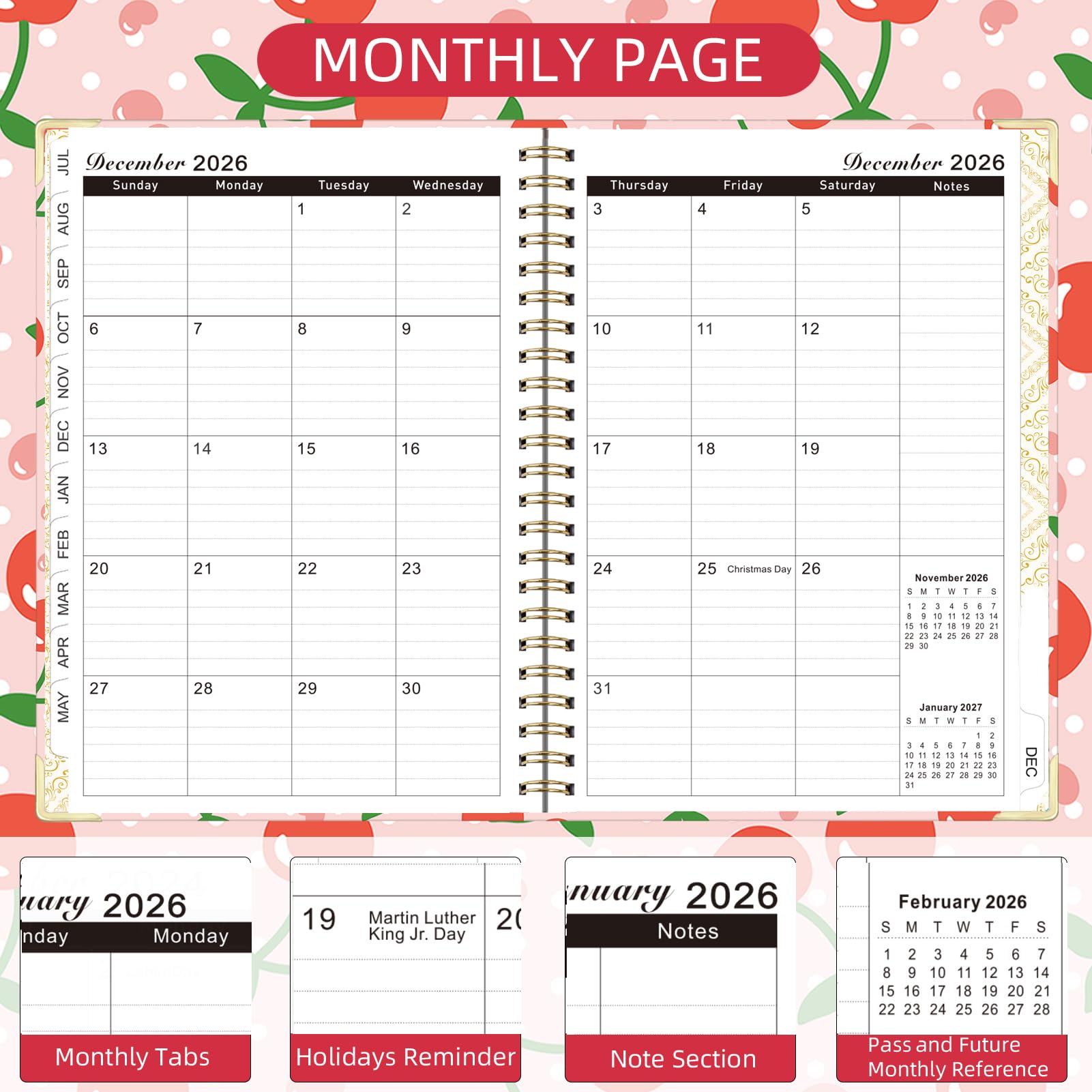 Knagsfa 2026 Monthly Planner, Jan.2026 - Dec.2026 Weekly Monthly Planner 6.25"x8.5" with Page Tabs, Calendar Hardcover with Inner Pocket, Elastic Band, Twin-Wire Binding, Bookmark, Cherry Polka Dots - Image 3