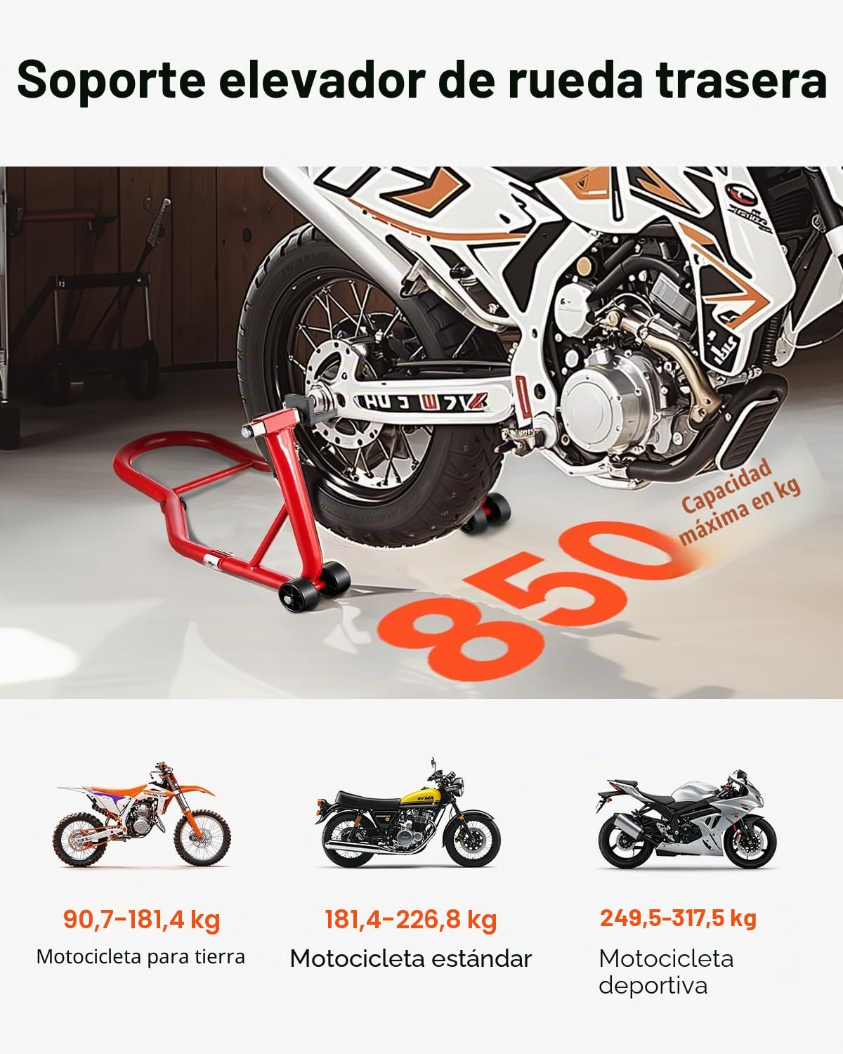 VEVOR Soporte para Rueda Trasera de Motocicleta, Capacidad de 390 kg, Resistente, con Horquilla en U y L, para Motocicleta, para Suzuki, Yamaha, Honda y Kawasaki, Color Rojo, 770 x 540 x 350 mm