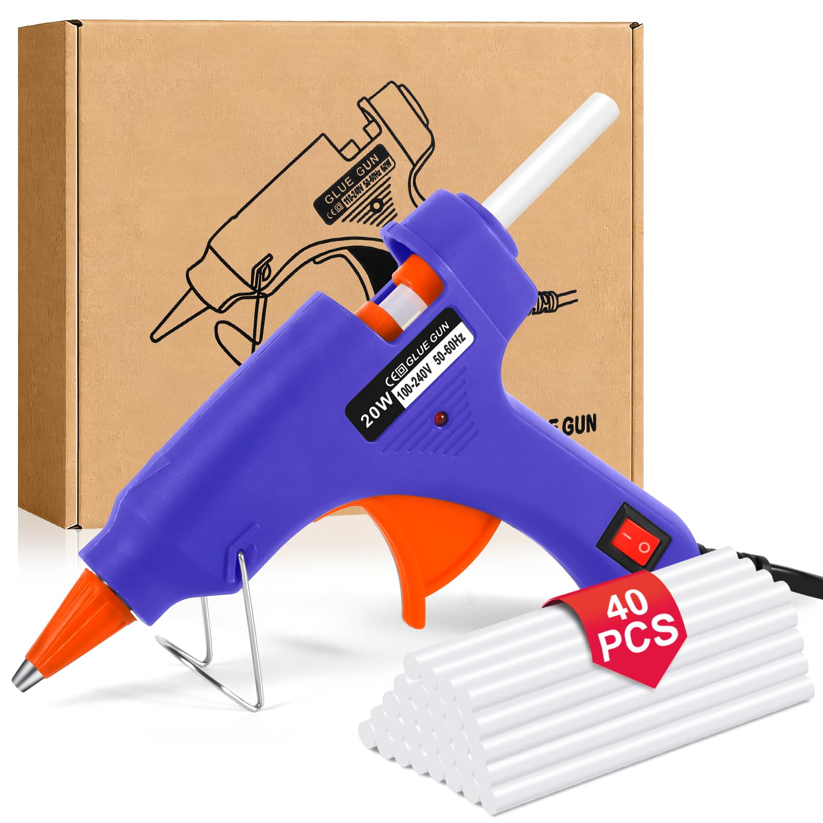 Pistola de Pegamento Caliente, 20W Mini Pistola de Pegamento Caliente con 40 Barras de Pegamento (7x100mm), Calentamiento Rápido para Manualidades DIY, Arte o Reparaciones Domésticas Rápidas