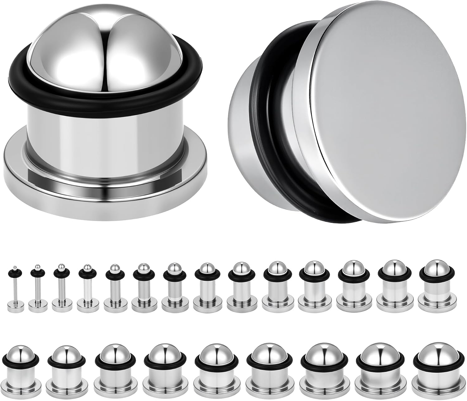 1 Pair Ear Gauges Plugs 1-12mm, Surgical Steel Stretching Jewelry with O-Rings | 23 Precise Size Options in 0.5mm Increments for Pain-Free Dead Stretching Silver