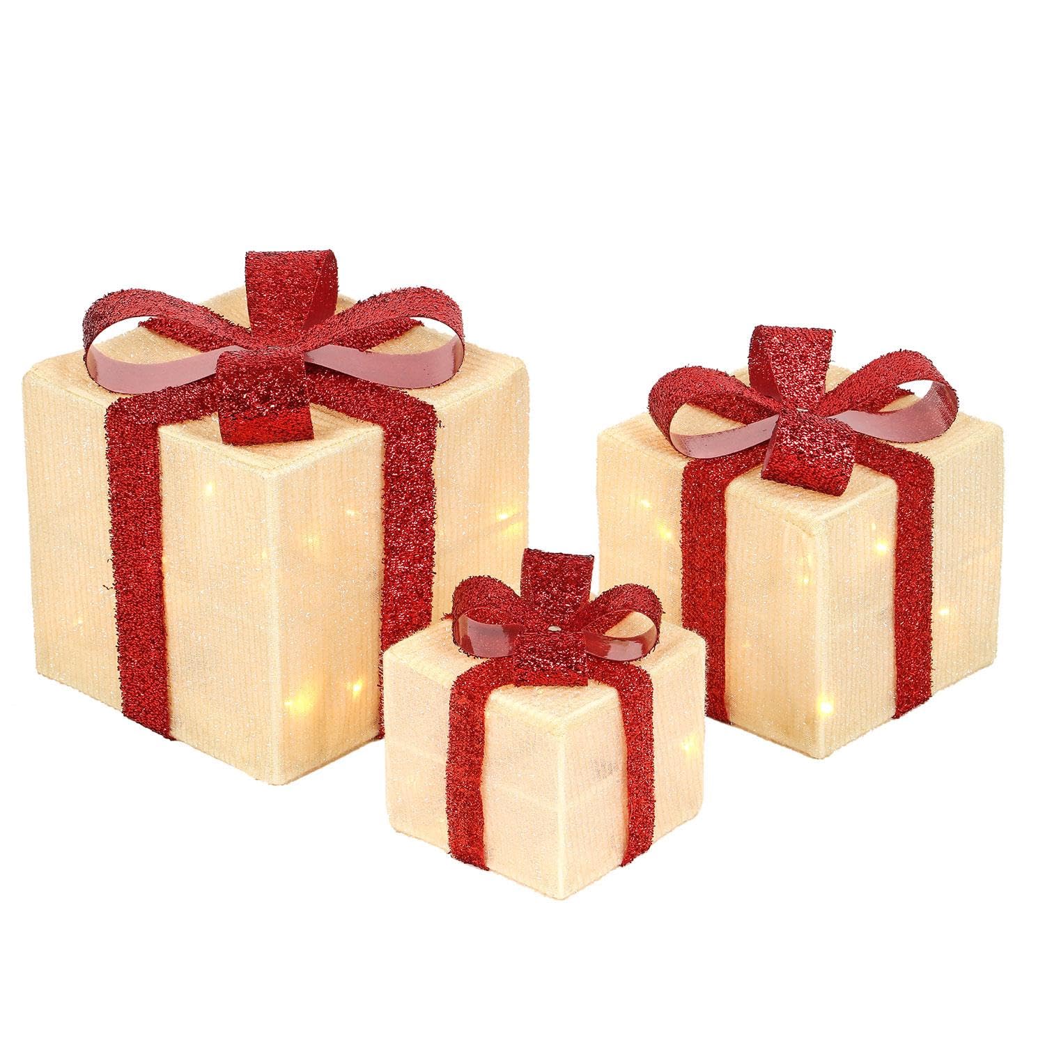 Decorative Coloured Christmas Parcel LED Light-Up Set with Bow | Indoor Outdoor Xmas Lights | Festive Holiday Sparkle Decor - Set of 3 Gift Box Decorations (Cream & Red)