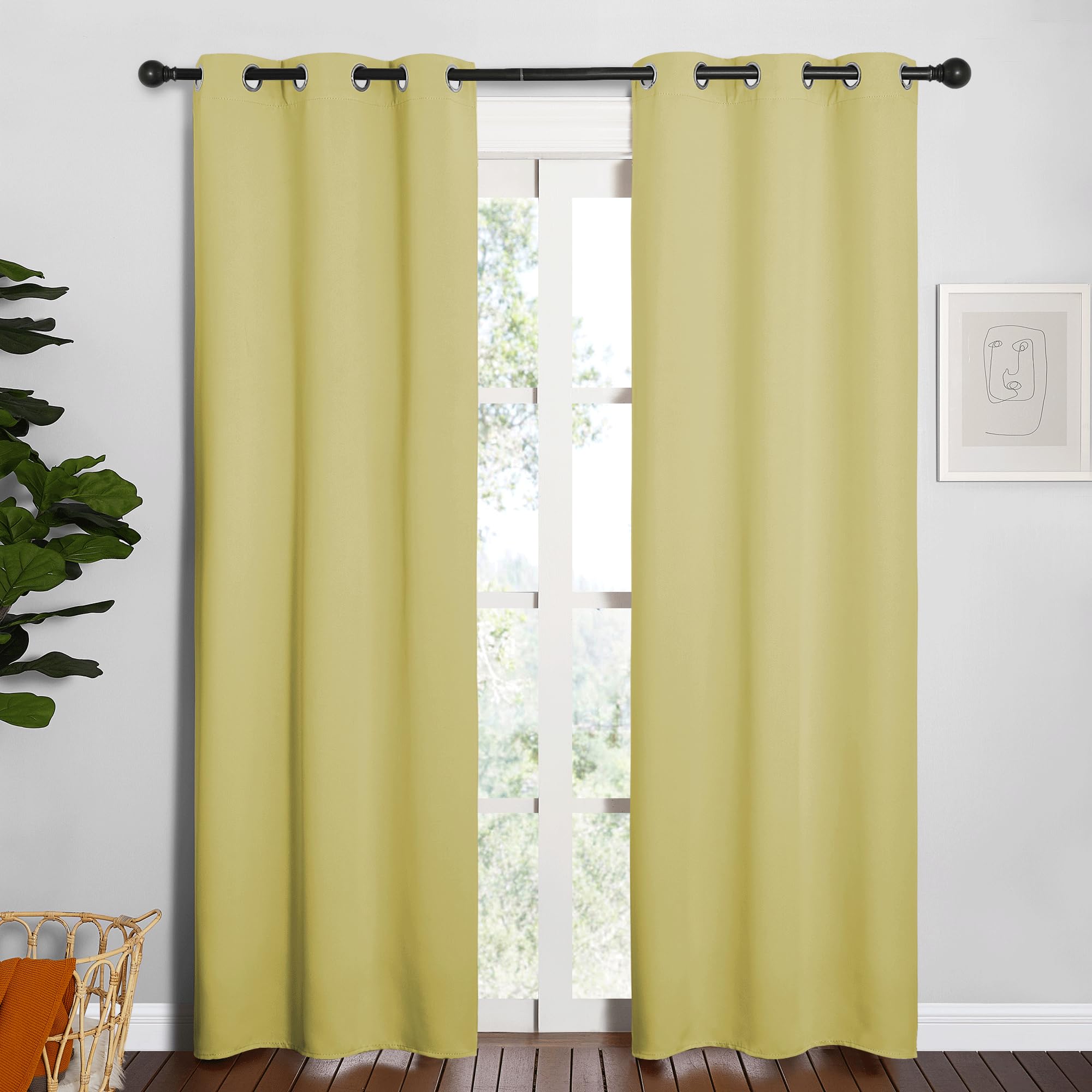 NICETOWN Window Curtain Panels, Thermal Insulated Solid Grommet Blackout Draperies/Drapes for Basement (Paler Yellow, 1 Pair, 34 by 84-inch)