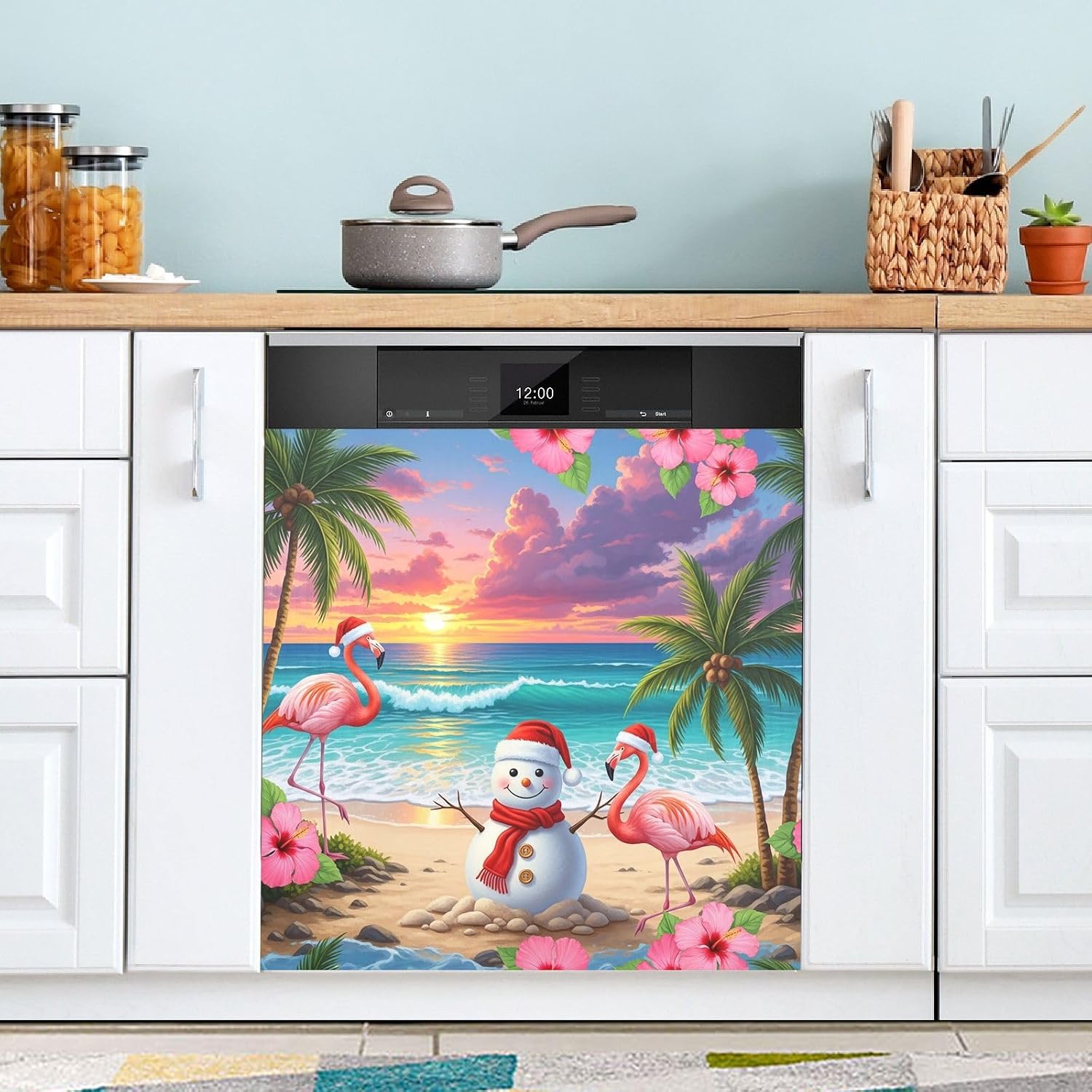 QUGRL Christmas Flamingos Dishwasher Magnet Cover Front DoorSnowman Palm Trees Hibiscus Decorative Refrigerator Covers Magnetic Sheet Sticker Wash Machine Fridge Panel Decal for Kitchen Appliance 23x2