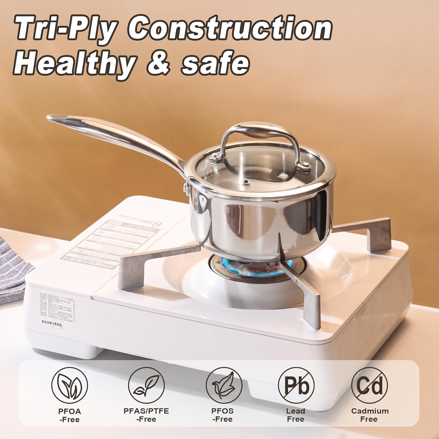 1-Quart Saucepan with Lid, Tri-Ply Stainless Steel Pot with Stay-Cool Handle & All Cooktop Compatibility (Gas, Ceramic, Electric) - Silver - Image 4