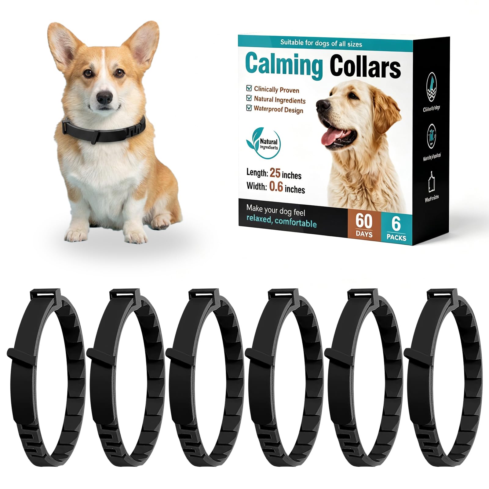 nilic 6 Pack Calming Collar for Dogs, Anxiety Relief for Separation, Fireworks & Thunder, Adjustable Pheromone Collar for Small Medium Large Dogs, Waterproof & Long Lasting (Black)