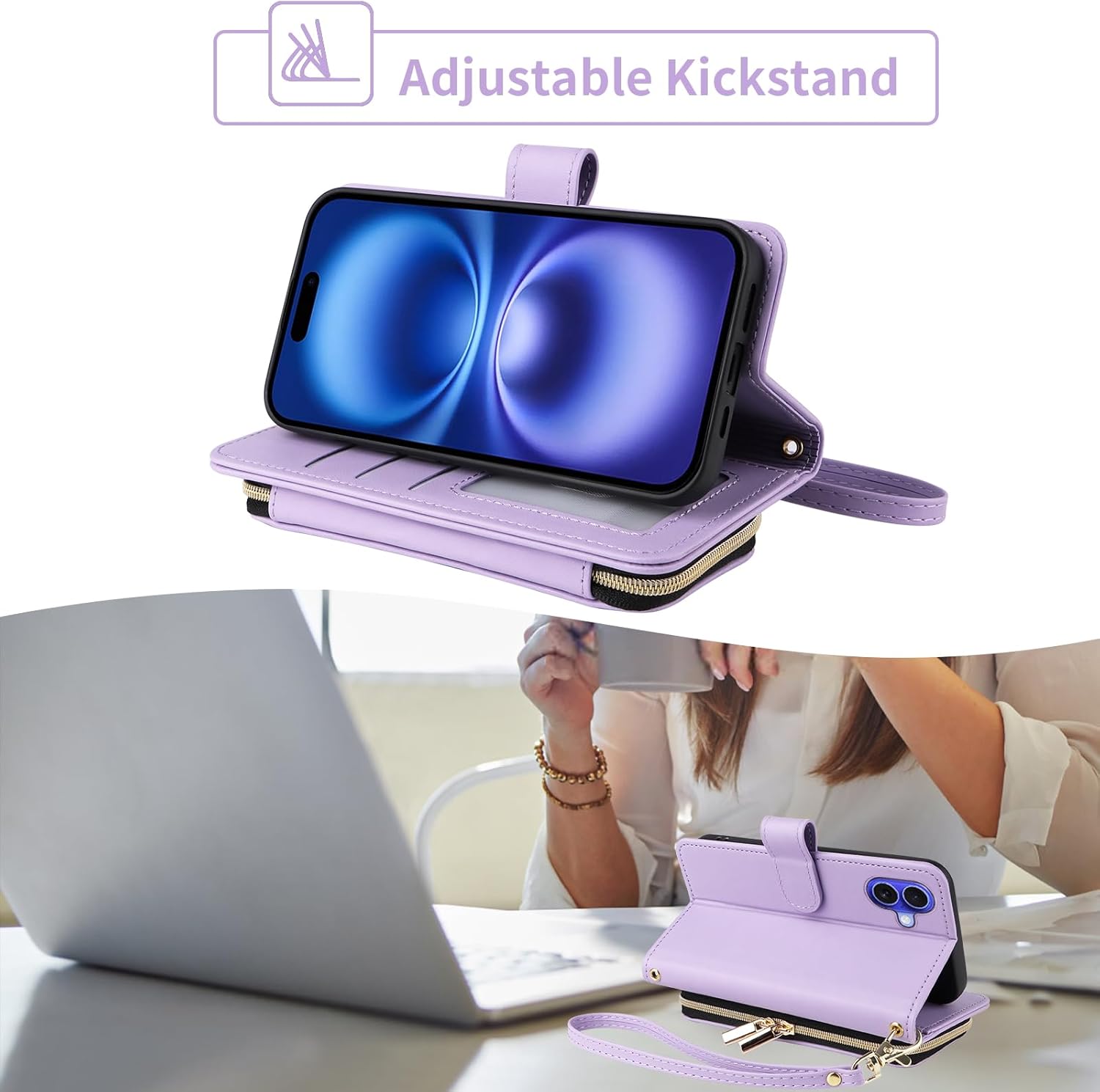 Argyle Wallet Case Compatible with iPhone 16 Plus 6.7 inch with Wrist Strap Shoulder Strap, 9+ Card Slot Zipper Purse Stand Checkered Cell Phone Cover for i Phone16 16+ i16 + 16Plus Purple