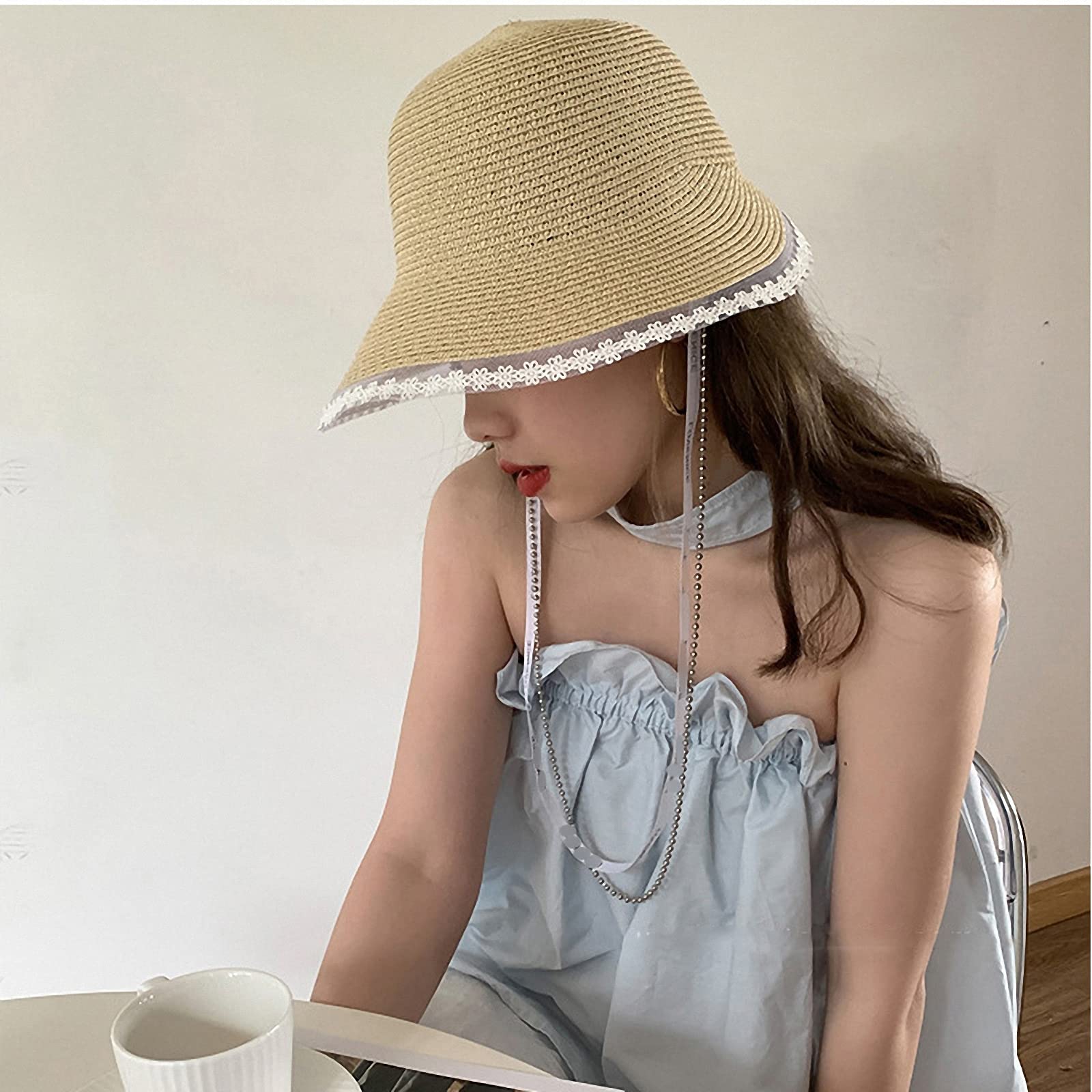 Geflochtener winddichter Strohhut für Damen mit Spitze, dünner, atmungsaktiver Sommer Sonnenhut, modischer eimerhut am Meer, Strandurlaub,Beige,One Size