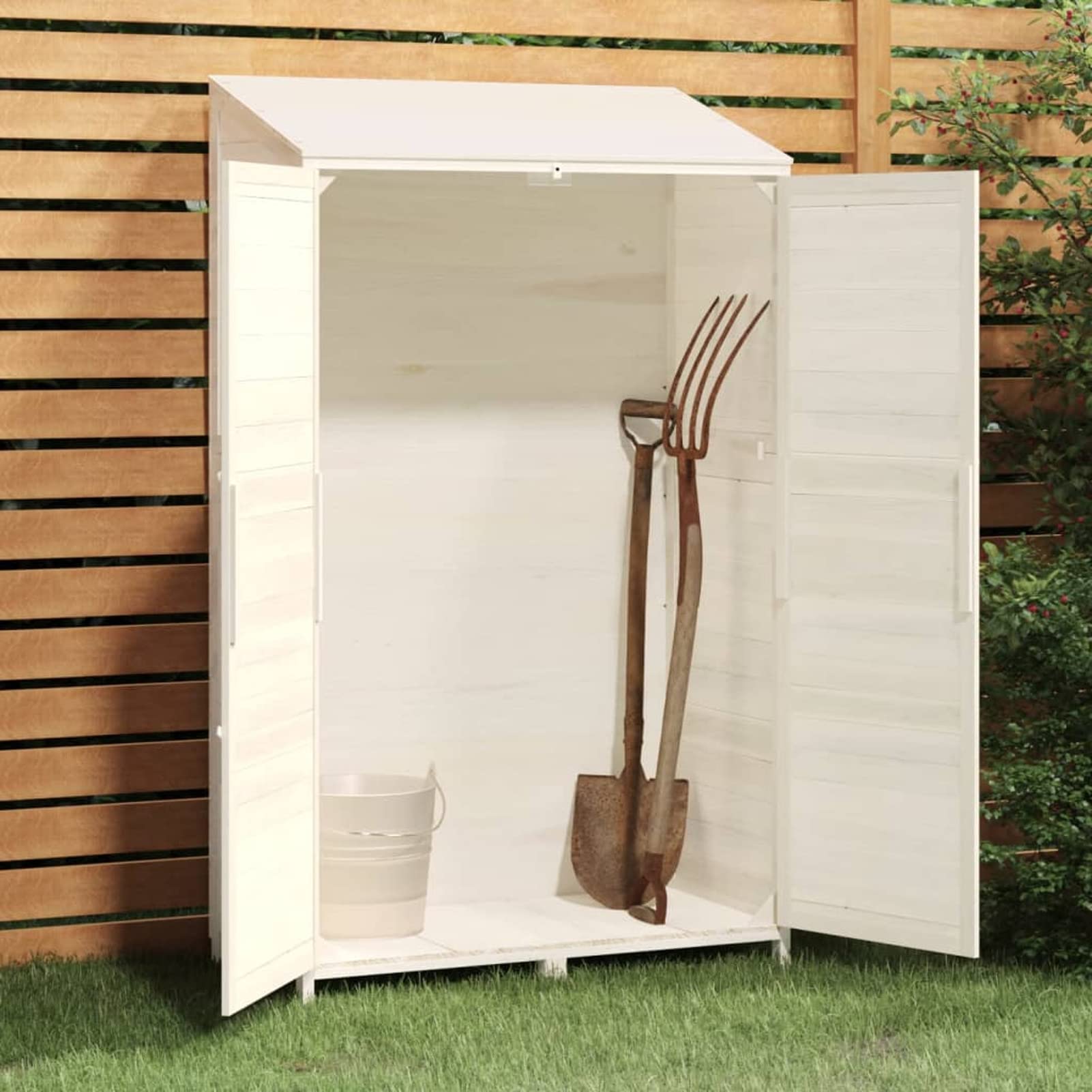 IKAYAA KAYAA Cobertizo Exterior de Madera de Abeto Armario de Exterior para Herramientas 102 x 52 x 174.5 cm, Caseta de Jardín de Madera con 2 Puertas para Almacenamiento de Herramientas Blanco