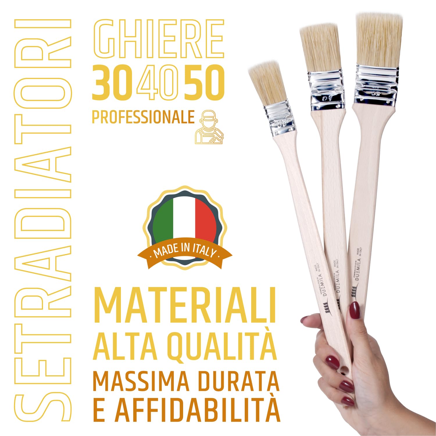 PENNELLIFICIO 2000 | Set di 3 Pennelli Professionali Per Radiatori, con Manico in Legno per Verniciature di Radiatori, Profilature e Angoli, Dimensioni Ghiera 3, 4, 5 Cm - Made in Italy