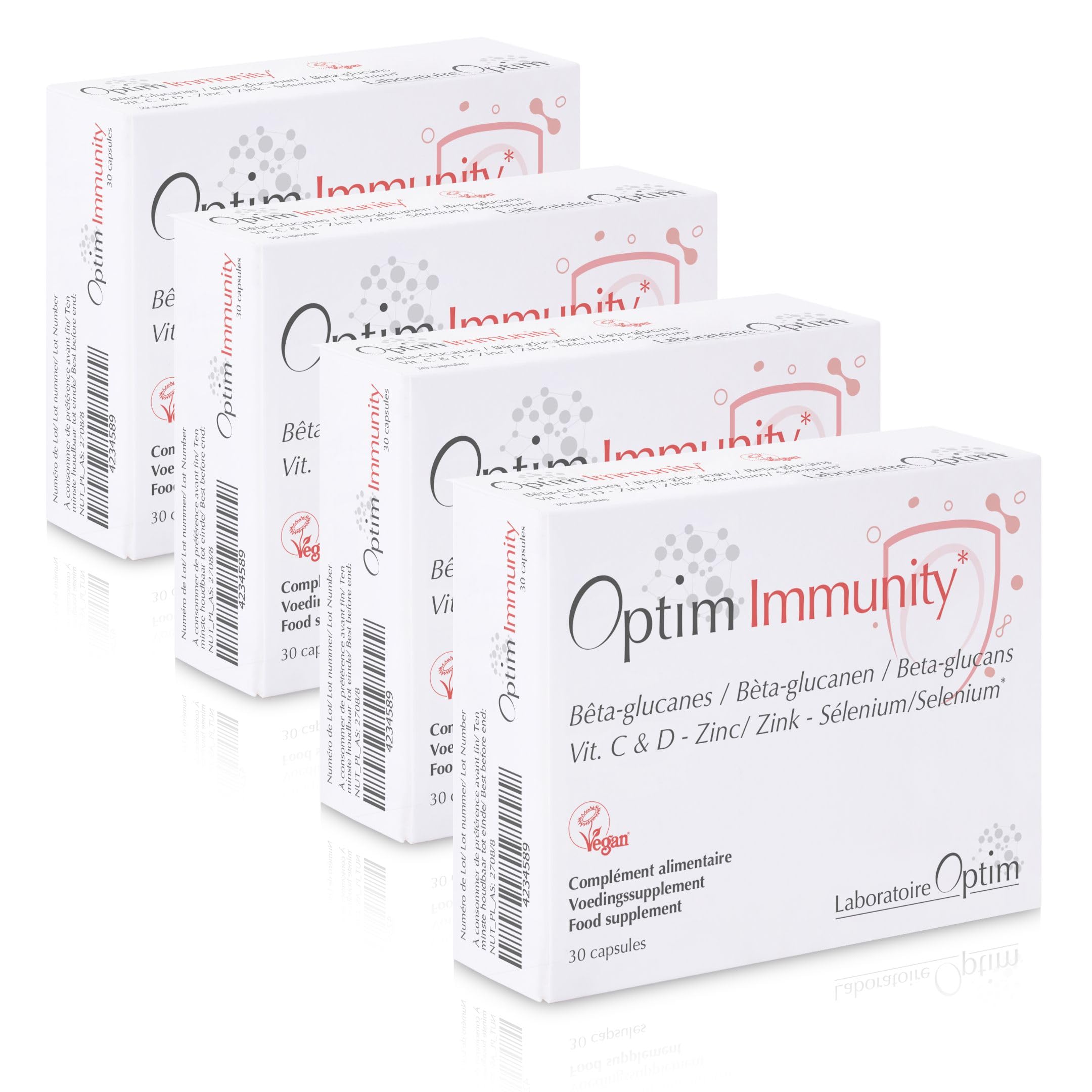 OPTIM Immunity Immun-Komplex, PACK 4 x 30 Kapseln, Vegan | Vitamin C & D3, Zink, Selen & Beta-Glucane, Natürliche Abwehrkräfte