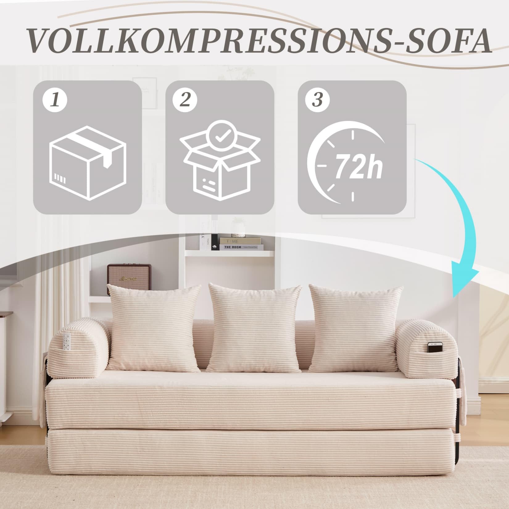 Canapé 2 Places en Velours côtelé,Canapé Lit Convertible Multifonctionnel Moderne,Poches Latérales et 3 Coussins,DIY Libre,pour Salon,Chambre,Bureau (Beige-L)