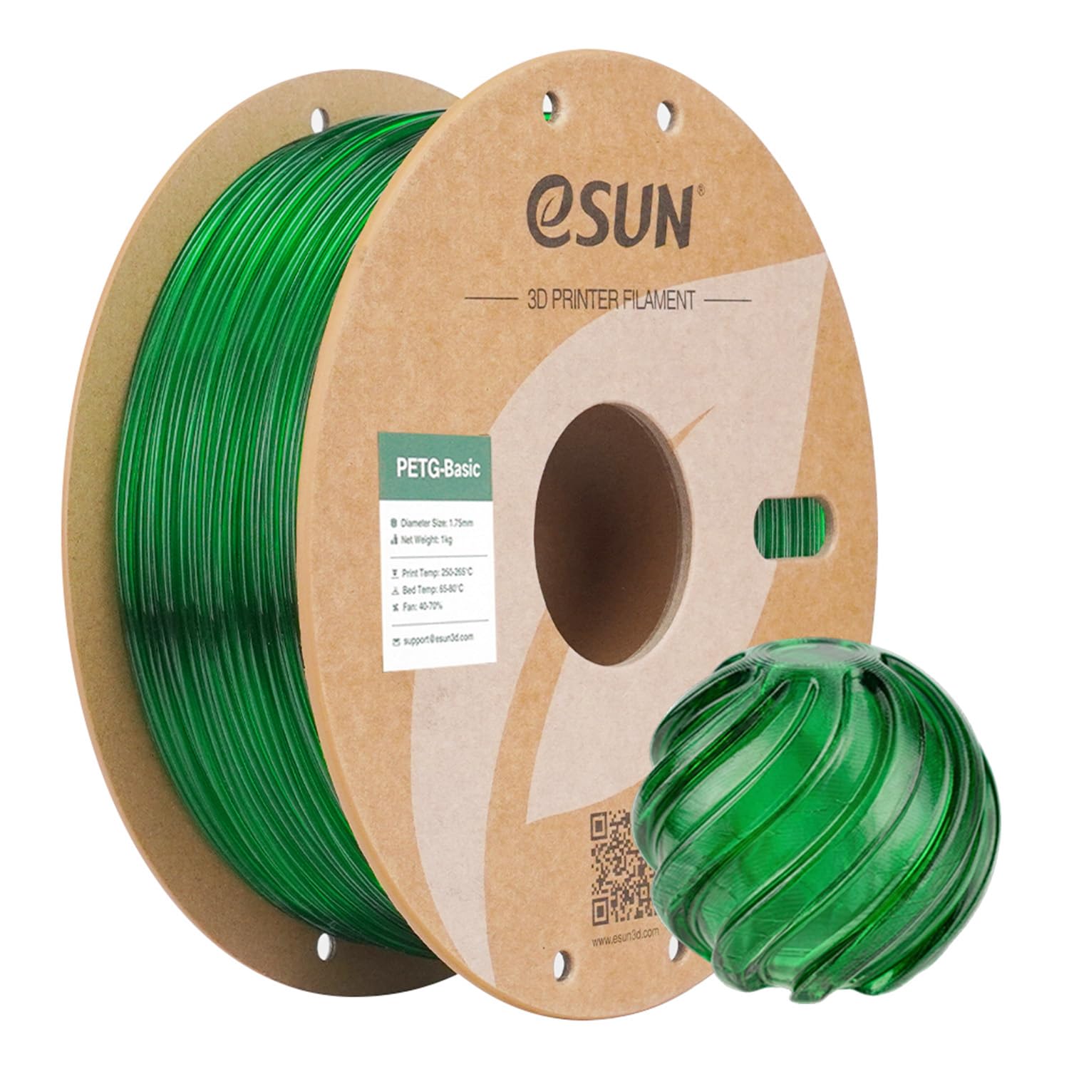 eSUN PETG filamento 1,75 mm,filamento PETG Basic1.75mm 1kgVerde Trasparente | Elevata resistenza e durevolezza. Precisione +/- 0,03 mm. Ottima resistenza agli agenti atmosferici per parti funzionali.