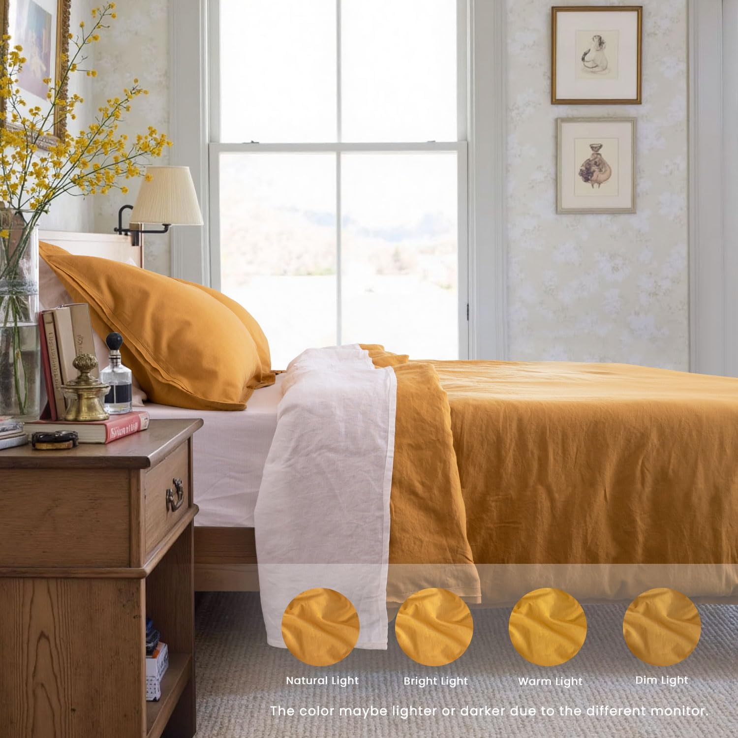 S VICTORY SYMBOL French Linen Duvet Cover Queen Size–3 Piece Linen Cotton Mix Bedding Set (90"x92") Comforter Cover, Stonewashed Texture, All-Season Breathable Comfort,Farmhouse Style Turmeric Yellow