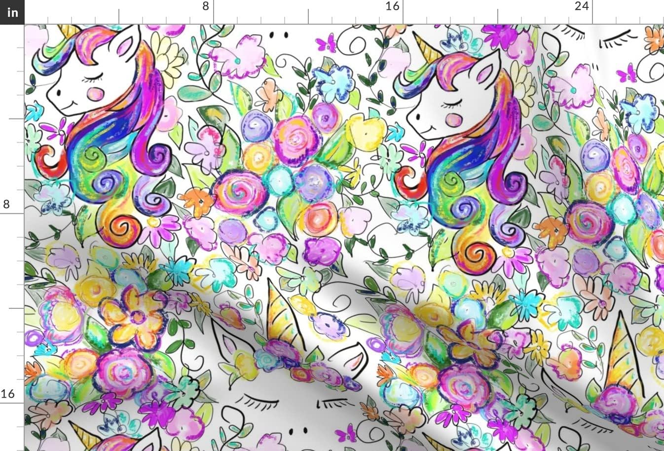 Spoonflower Fabric - Rainbow Unicorns Flowers Unicorn Print Colorful Girls Room Drawing Printed on Upholstery Velvet Fabric Fat Quarter - Upholstery Home Decor Bottomweight Apparel