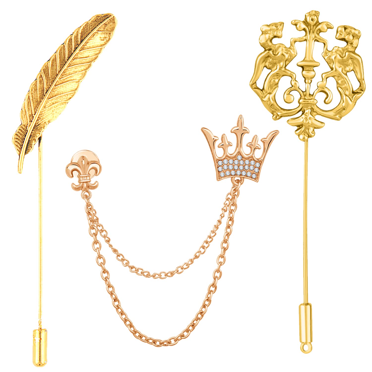 Mahi Combo of Leaf, Crown and Royal Lion Face Shaped Wedding Brooch/Lapel Pin with White Crystals for Men (CO1105451M) (B0BKT69K9N) Amazon Price History, Amazon Price Tracker