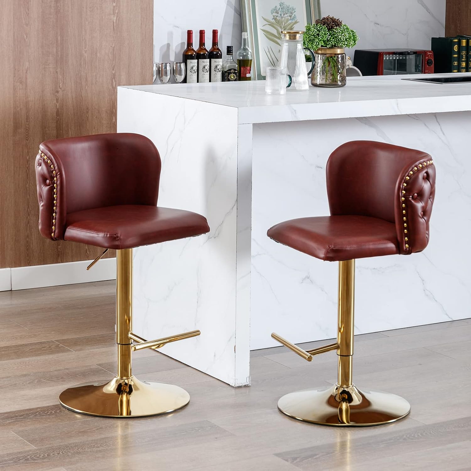 ODUSE-DAILY Swivel Bar Stools Set of 2, PU Leather Bar Stools with Back, 25"-33" Counter Height to Bar Height Adjustable Stool Chairs, for Kitchen Island Pub Dining Room (2Pcs,Burgundy Wine Red)