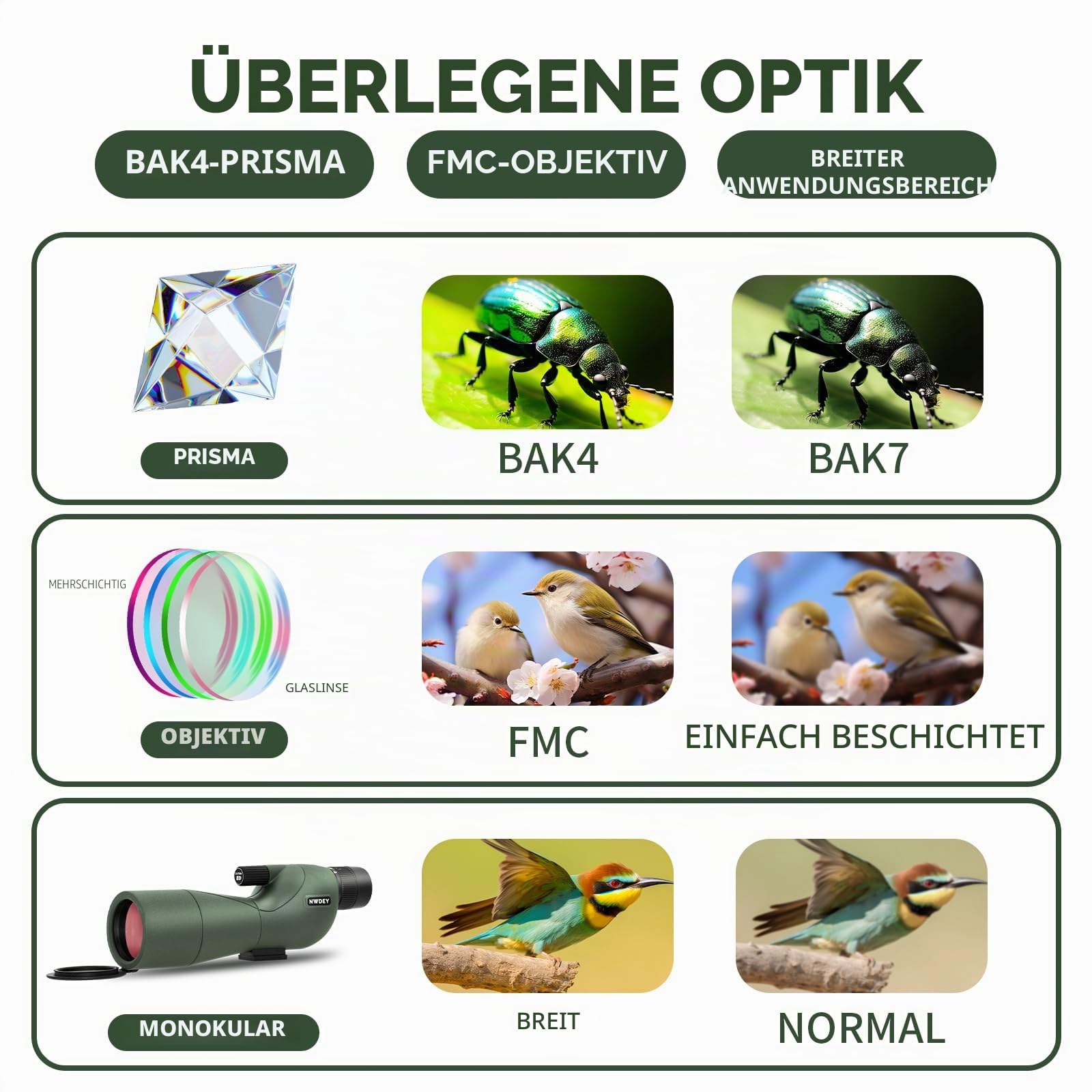 NWDEY 25-75X60 Spektiv mit 51 Zoll Stativ Spektiv für Zielschießen Jagd Vogelbeobachtung Low Light Vision Telefonadapter Tragetasche BAK4 Prisma FMC Objektiv Wasserdicht (ArmyGreen)