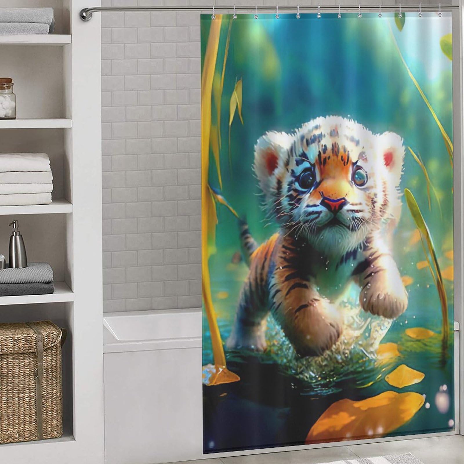 Rideau douche tissu tigre 140x183cm rideau baignoire lavable avec 12 trous et crochets