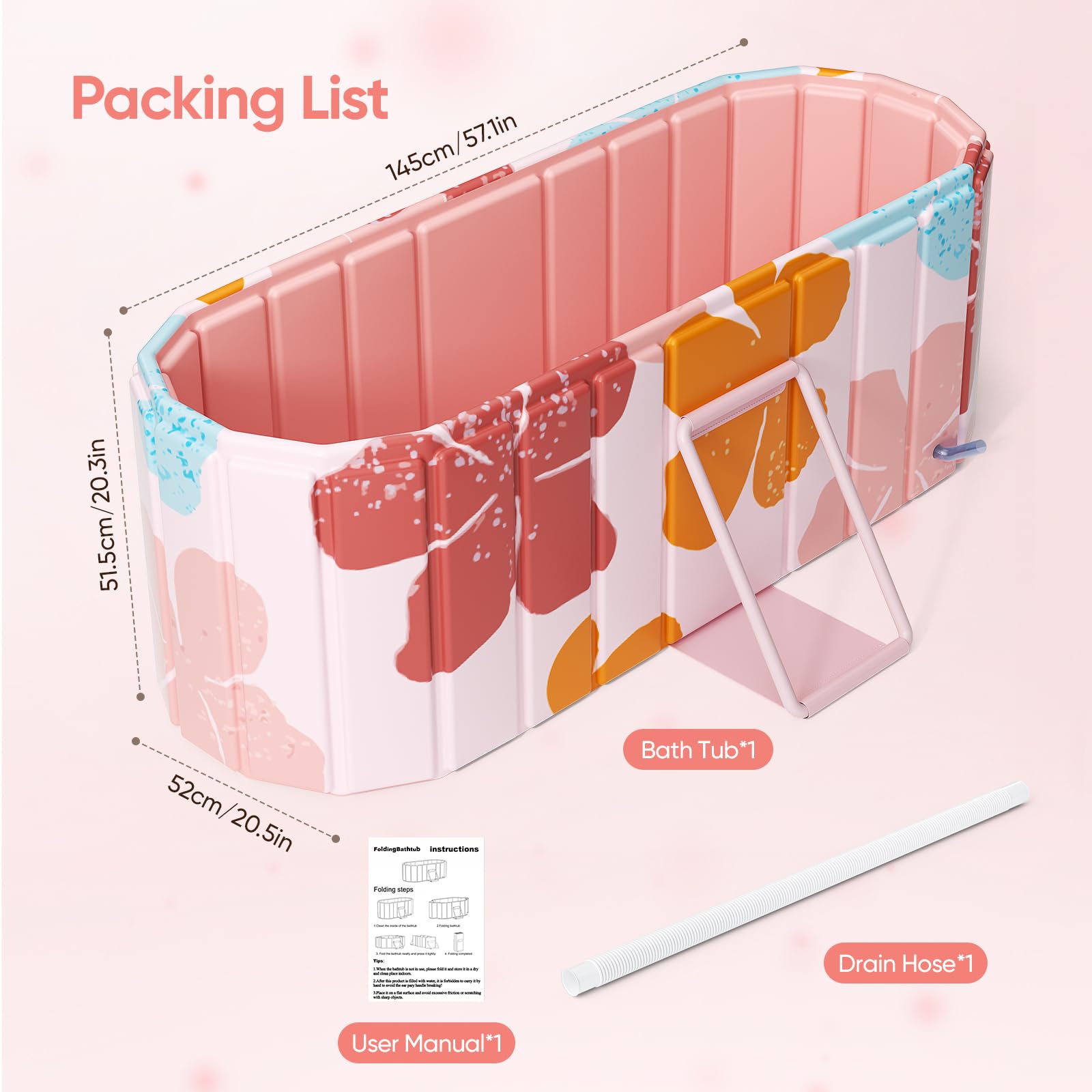 Baignoire pliable adulte 145x52x51.5cm (57.1x20.5x20.3in),Baignoire portable pliable avec 2 panneaux de support latéraux,2 trous de drainage,pour adultes,baignoires pour Intérieur/Extérieur