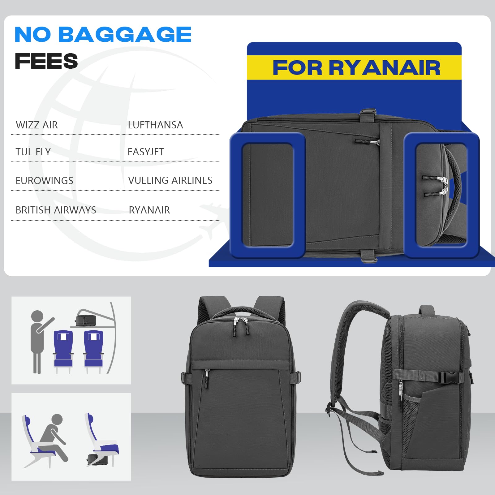 Xkdoai Mochila 40x30x20 Mochila Viaje Cabina Avion para Ryanair Wizz Air Easyjet Equipaje de Mano Bolsa Antirrobo Resistente Al Agua