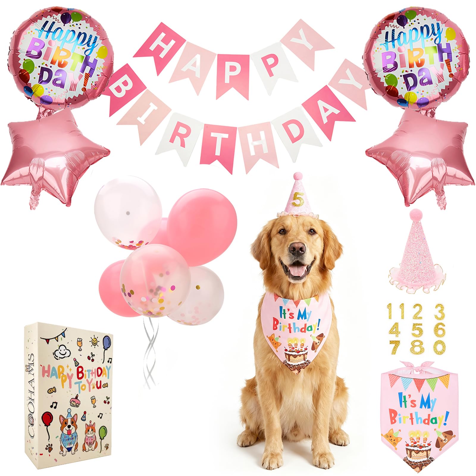 Dog & Cat Birthday Party Decorations Set Include Bandana, Adjustable Hat, Balloons, Happy Birthday Banner for Male and Female. Available for Small & Medium & Large Breeds (Pink)