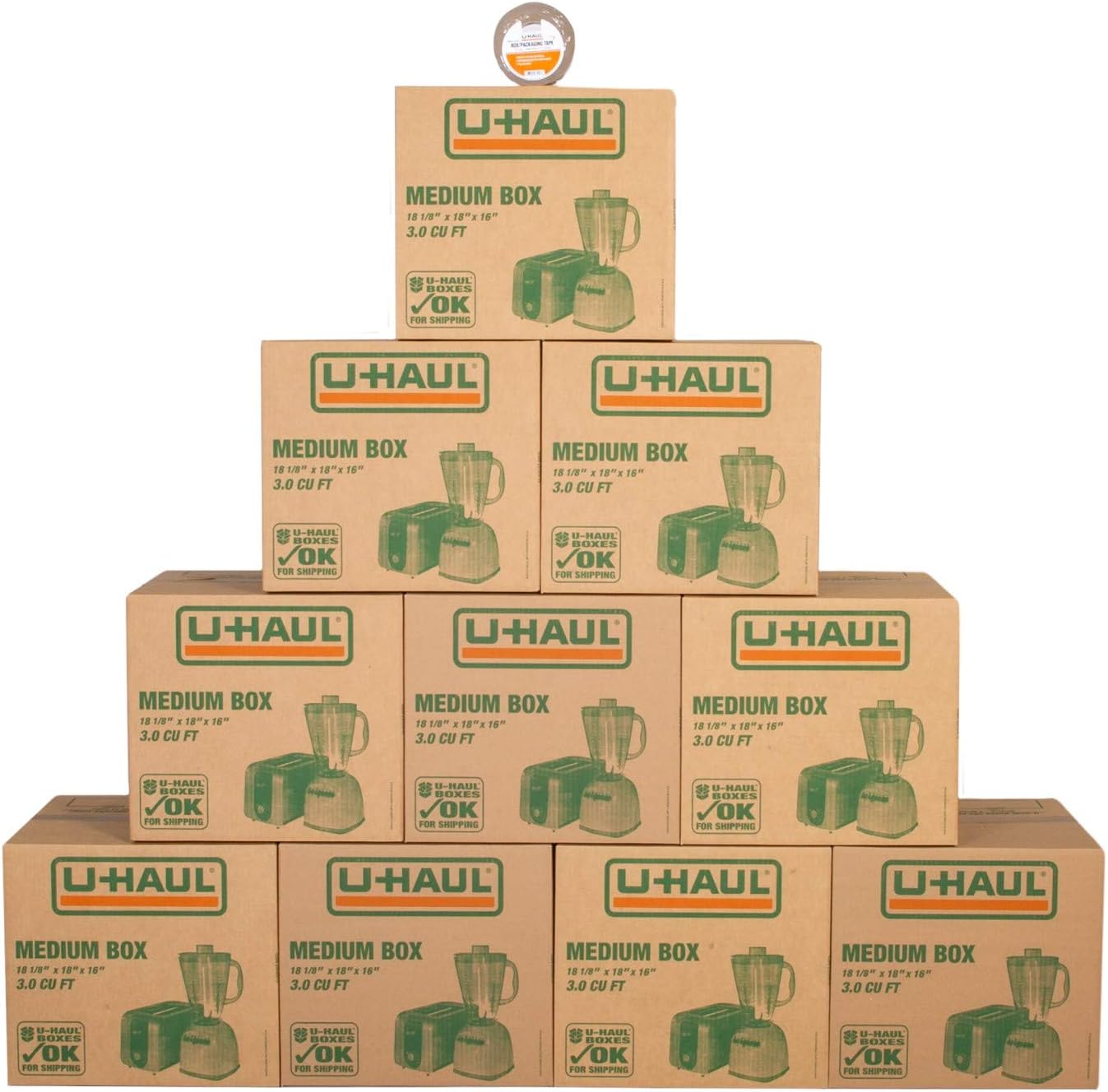 U-Haul Medium Moving Boxes - Pack of 10 Boxes with Handles - 18” x 18 1/8” x 16”- Bonus Roll of Tape Included