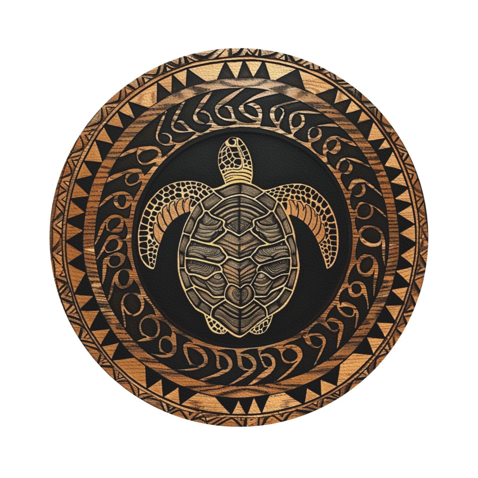 Hawaiian Tapa Honu Turtle Print Leather Coaster Set of 6, Round Shape Coasters Table Decorative Coffee Cup Beverage Coasters Wine Beer Bar Coasters for Hot Drinks Table Protection