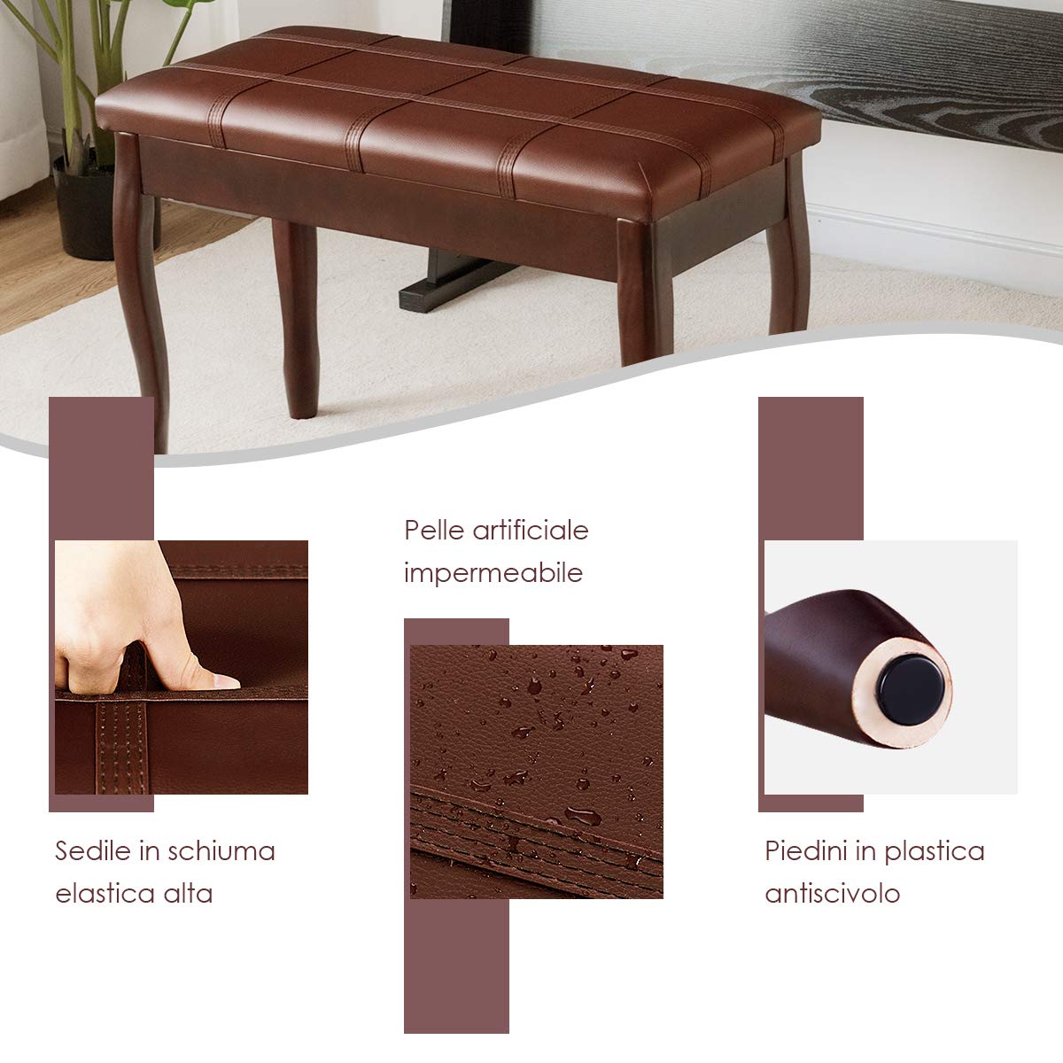 GOPLUS Panca Pianoforte con Contenitore, Sgabello con 2 Posti, Seduta Morbida e Traspirante, con 4 Gambe in Legno Massello, 75x35x49 cm (Marrone)