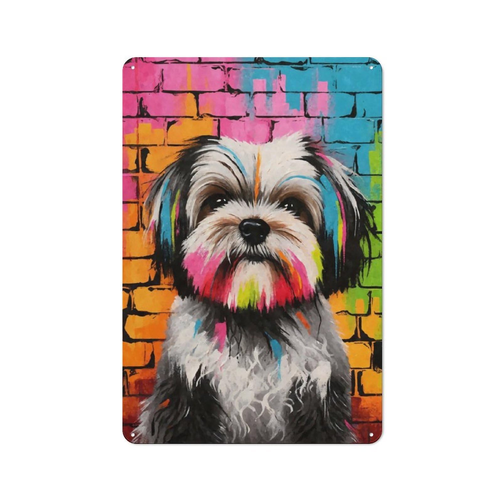 Junmoney Shih Tzu Dog Graffiti Retro Metal Wall Sign 30X20cm With For Garage Wall, A Decorative Metal Sign For Garages And Workshops