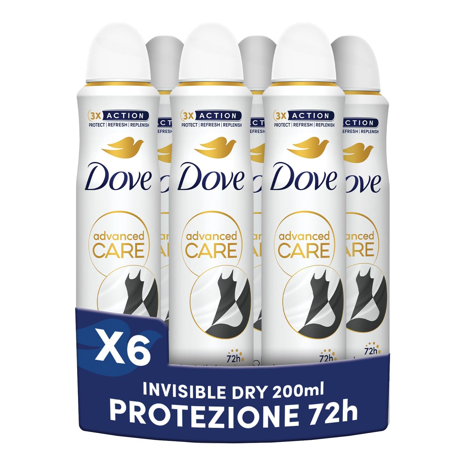Dove Deodorante Spray Advanced Care Invisible Dry, con Formula Idratante e Delicata sulla Pelle, Formula Anti-macchia, Pelle Asciutta Fino a 72 Ore, Deodorante Uomo e Donna, 6 Pezzi da 200ml