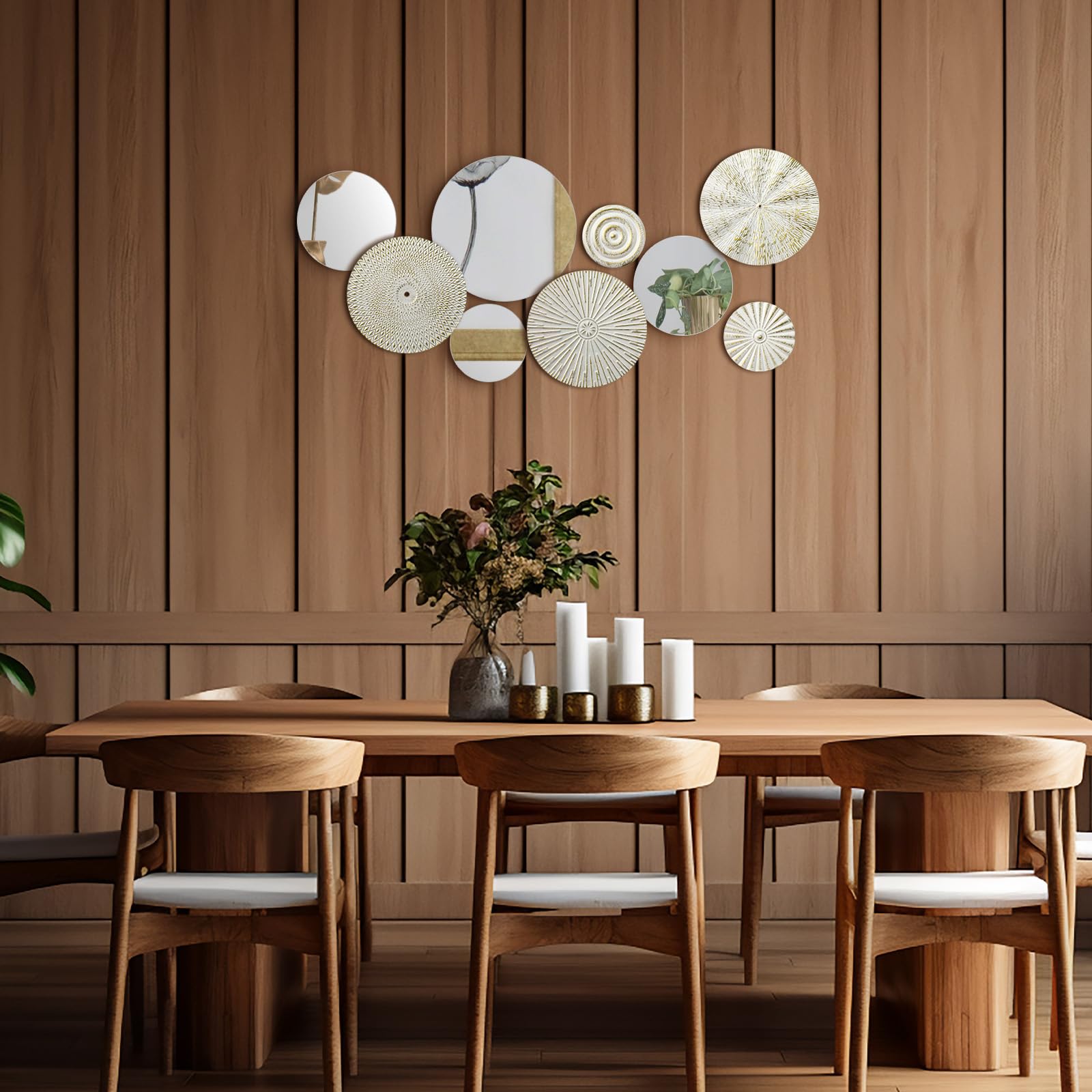 Blulu Lot de 9 miroirs décoratifs muraux en métal - Plaques Rondes et Modernes - Grande Sculpture Murale pour Salon, Bureau, Chambre, Cuisine, Couloir (Blanc, doré)