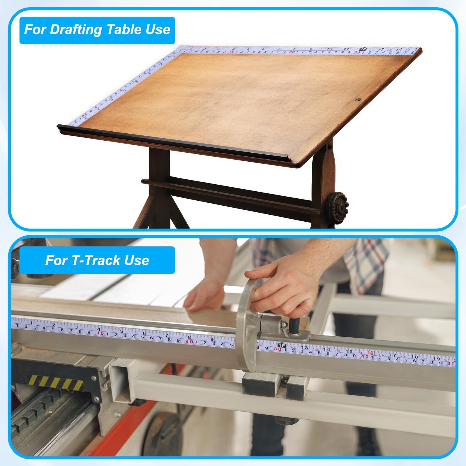 Jeffdad 2 stuks zelfklevend meetlint, 100 cm links naar rechts en midden aan beide zijden, meetlint met zelfklevende achterkant, werkbank, liniaal voor houtbewerking, zaag, tekentafel