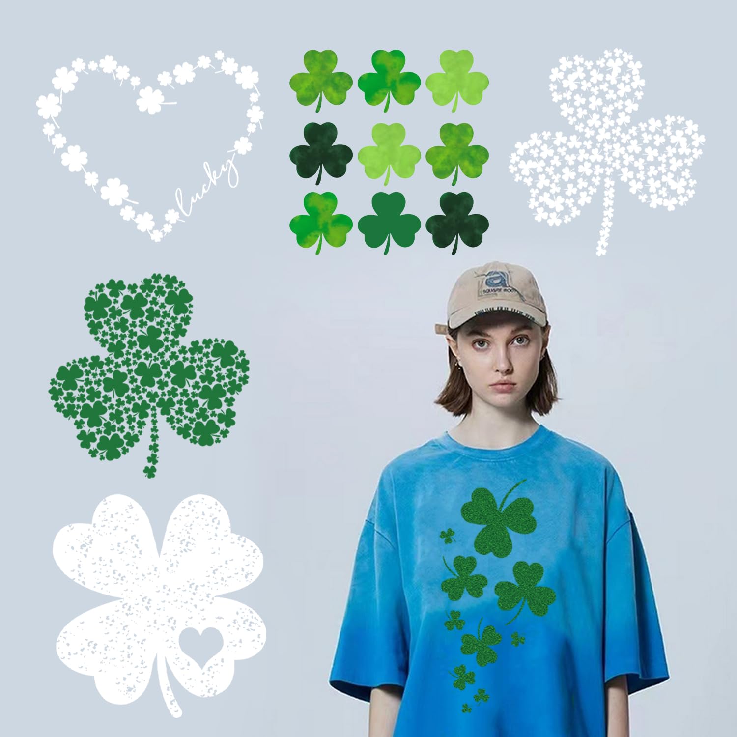6 Sheets St. Patrick's Day Iron on Stickers for Clothes St. Patrick's Day Iron on Patches Decals Green Clover Vinyl Heat Transfer Applique Designs Shamrock Iron on Stickes for T-Shirt DIY Decor