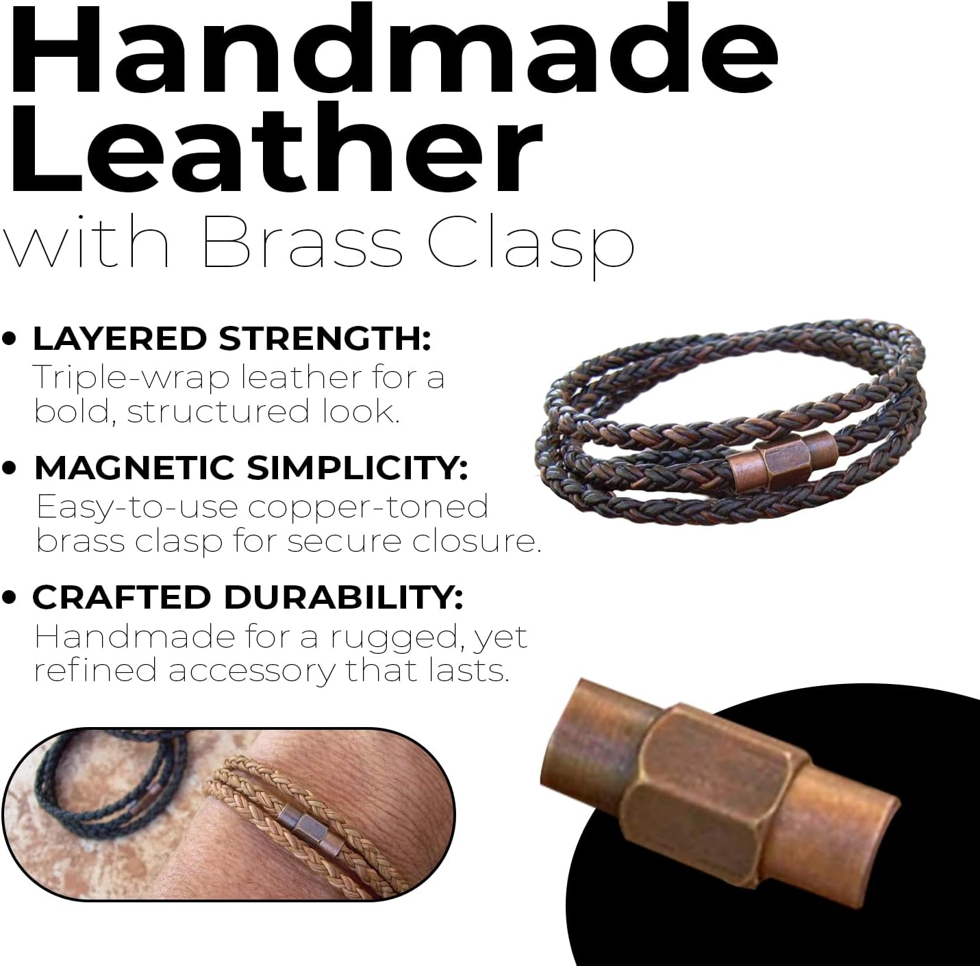 Handmade Triple Wrap Leather Bracelet – Mens Bracelet with Copper Toned Brass Magnetic Clasp for Comfort – Fashion Accessories for All