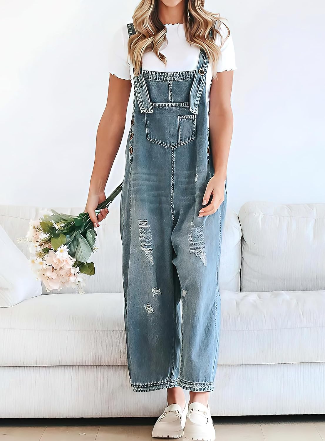 ebossy Women's Vintage Distressed Ripped Denim Bib Overalls Adjustable Strap Wide Leg Loose Jean Jumpsuit Rompers
