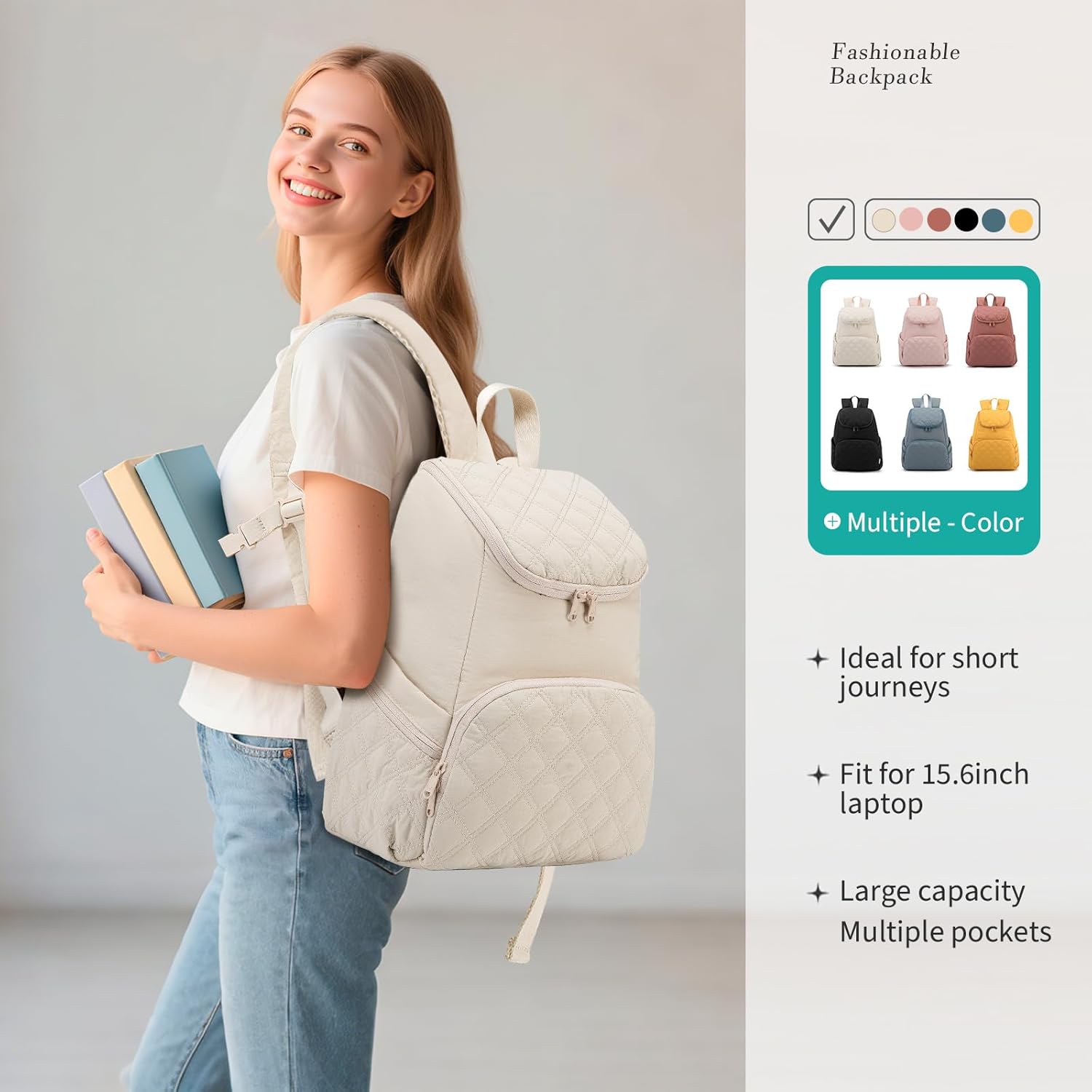 NOL Natural Organic Lifestyle Women's Quilted Puffer Backpack, Large Waterproof Lightweight Puffy Bookbag, Carry on Daypack for Travel, Work (Cream)