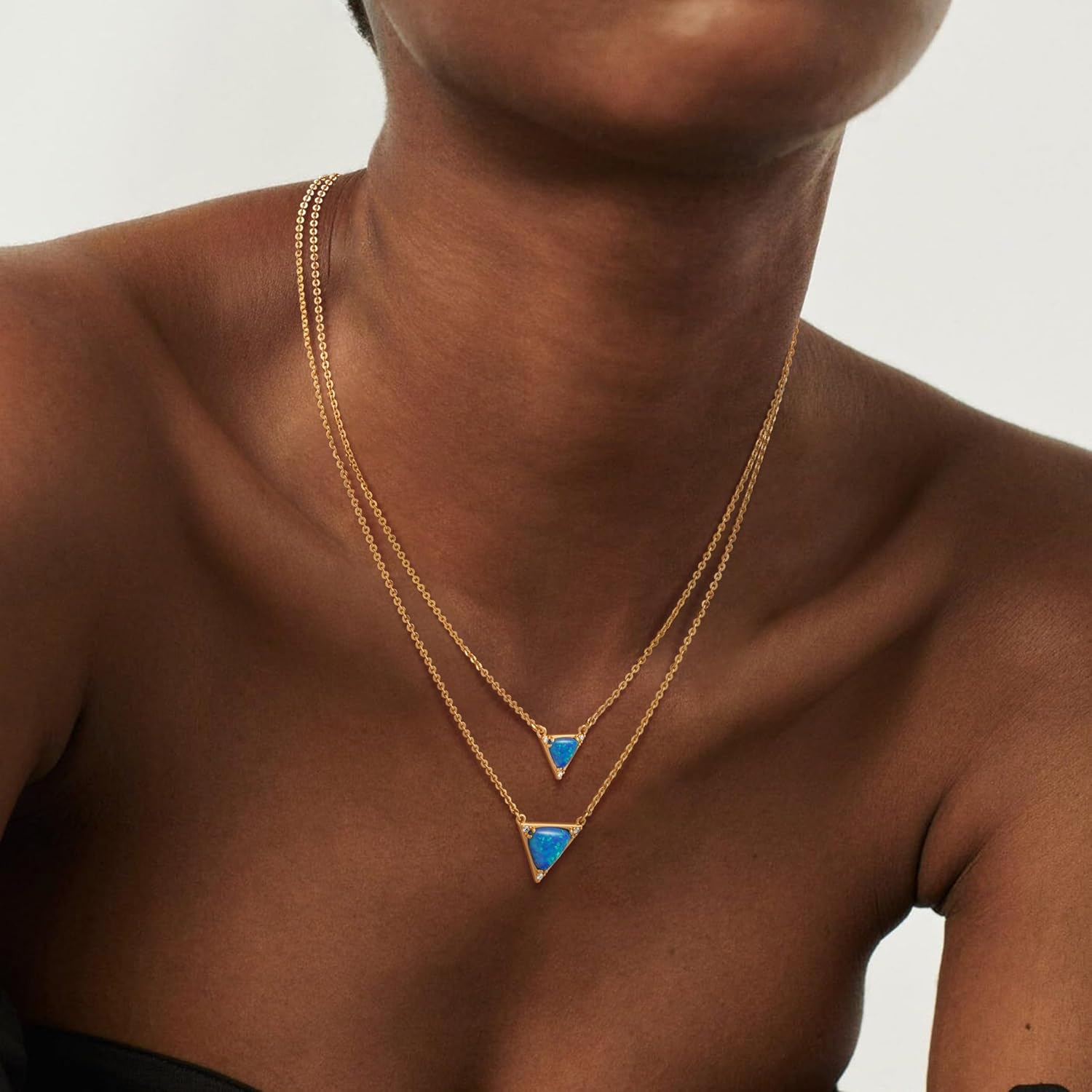 Layered Triangle Shape Blue Opal Necklace for Women 14K Gold Plated Cubic Zirconia Dainty Created Opal Pendant Necklaces Opal Jewelry - Image 2