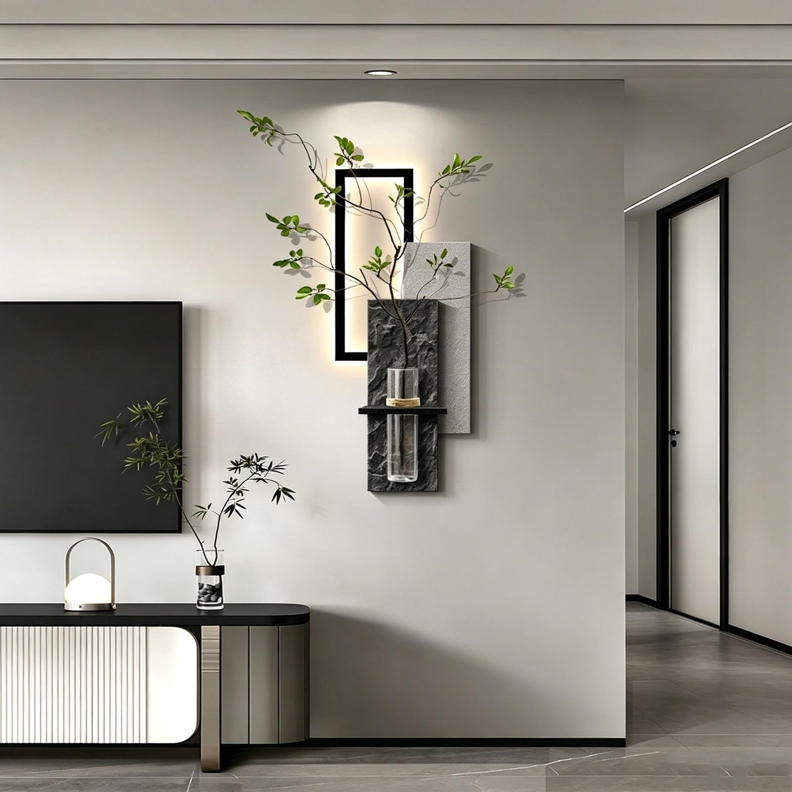 RASJCGRCOA 3D Sandstone Wall Art with LED Light Modern Frameless Textured Wall Sculpture Painting Decorative Layered Mural with Vase for Living Room Entryway Foyer(A,8.3 * 22.8in/21 * 58cm)