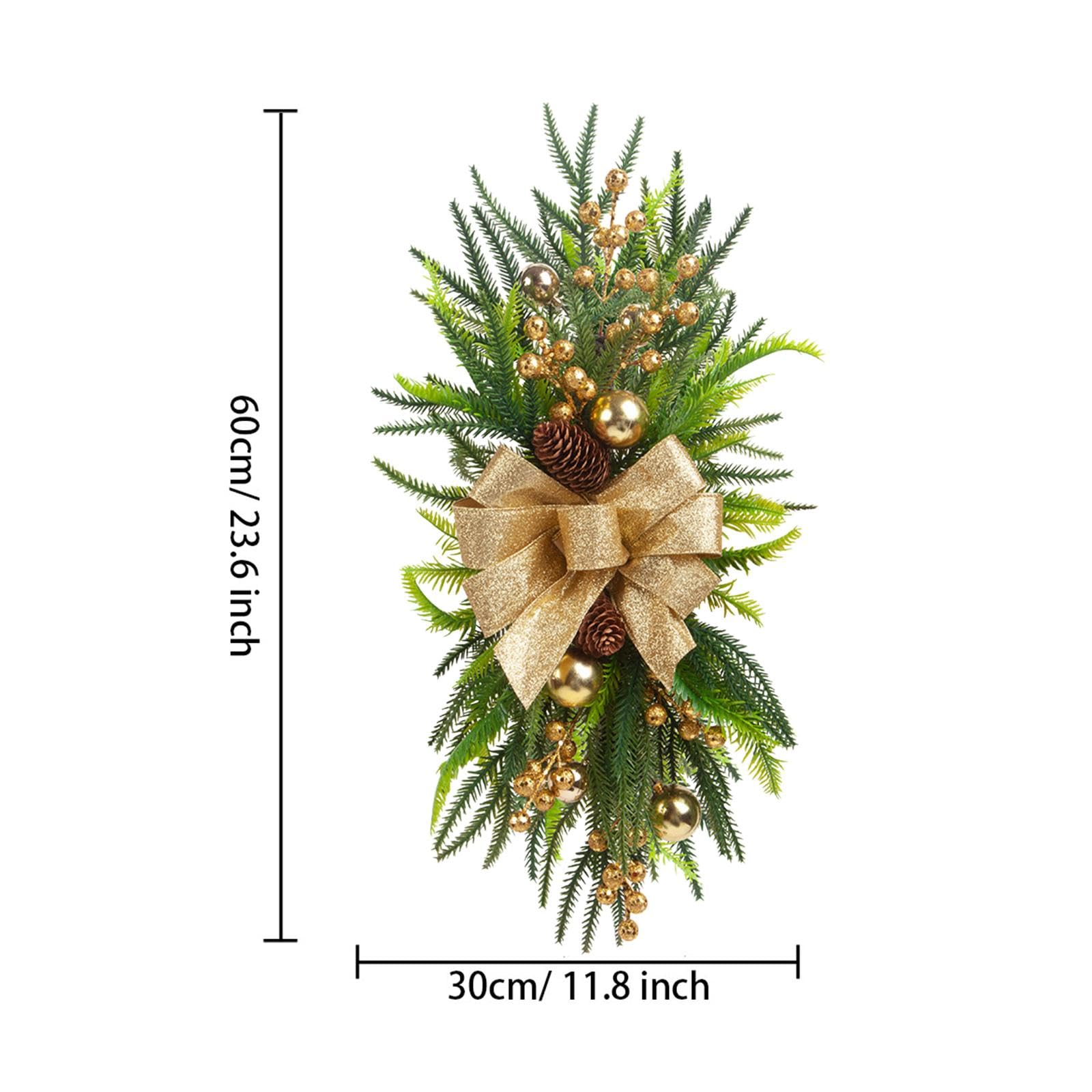 Guirnalda de Navidad Artificial Decorativa con Ramas Lazo Bolas Y Bayas Hecha de PP Y Tela Adecuada para Escalera Puerta Ventana Regalo Decoración del, Oro, Individual