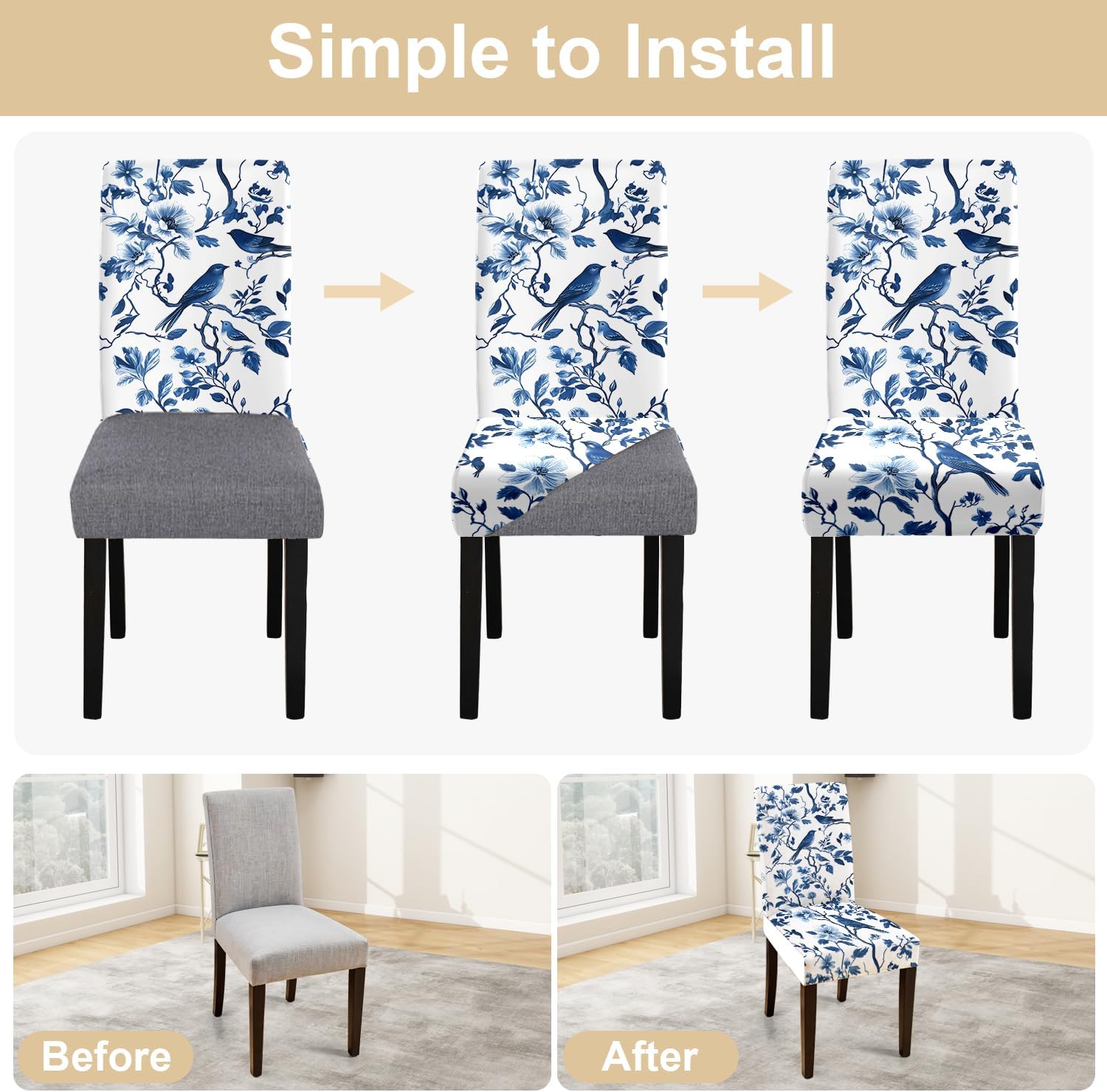 ANNA QUEEN Blue Floral Chair Covers for Dining Room Kitchen Set of 6 – Stretch Washable Slipcovers for Dining Chairs, Elegant Home Decor